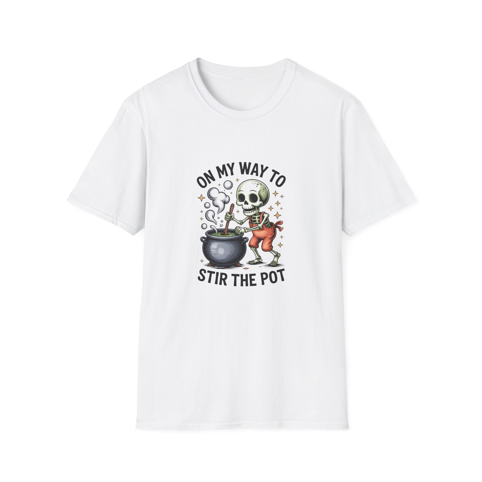 On My Way to Stir the Pot Skeleton T-Shirt — Funny Halloween Gift for Women