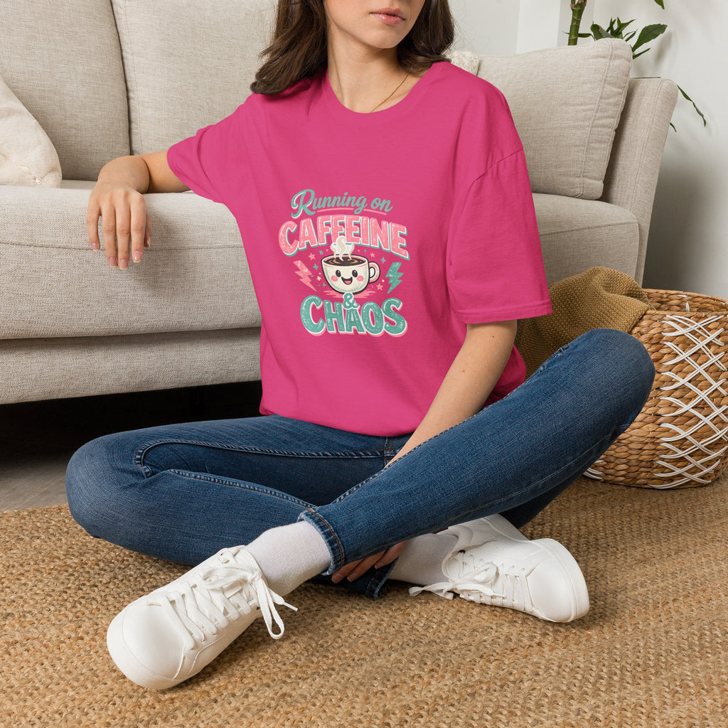 Running on Caffeine & Chaos T-Shirt — Funny Gift for Coffee Loving Moms Graphic Tee