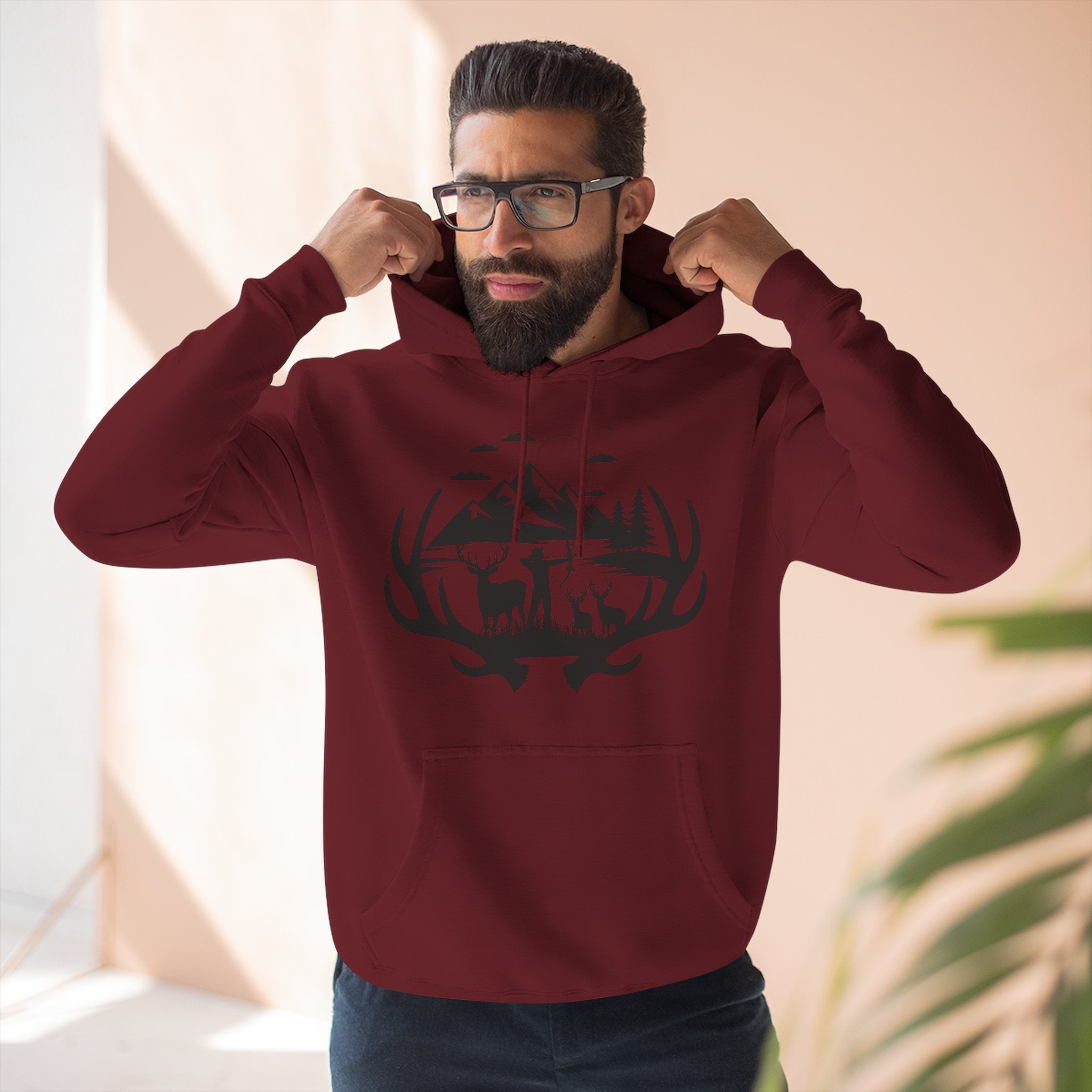 Deer Antler Mountain Hoodie — Rustic Outdoor Gift for Him Wildlife Graphic Pullover