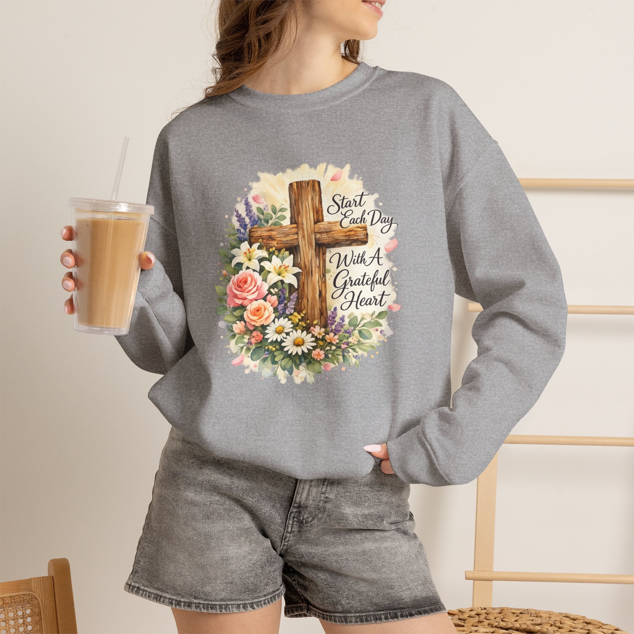 Christian Crewneck Sweatshirt — "Start Each Day with a Grateful Heart" Floral Cross