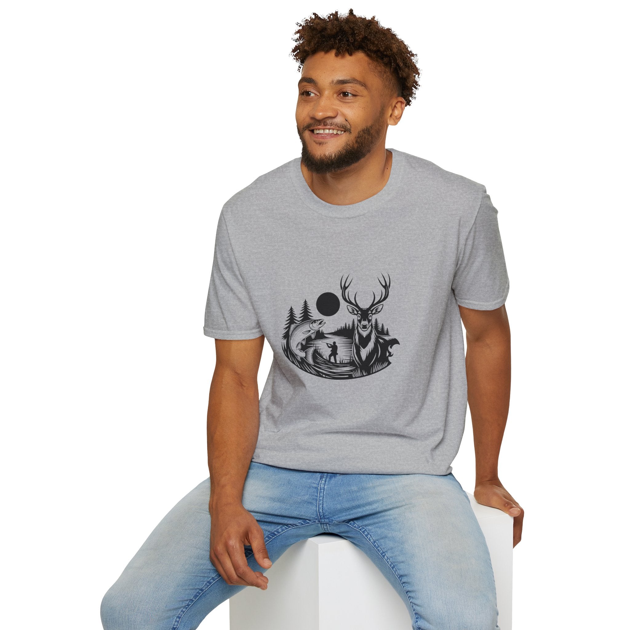 Deer & Fish Forest Silhouette T-Shirt — Rustic Outdoor Gift for Hunters Graphic Tee