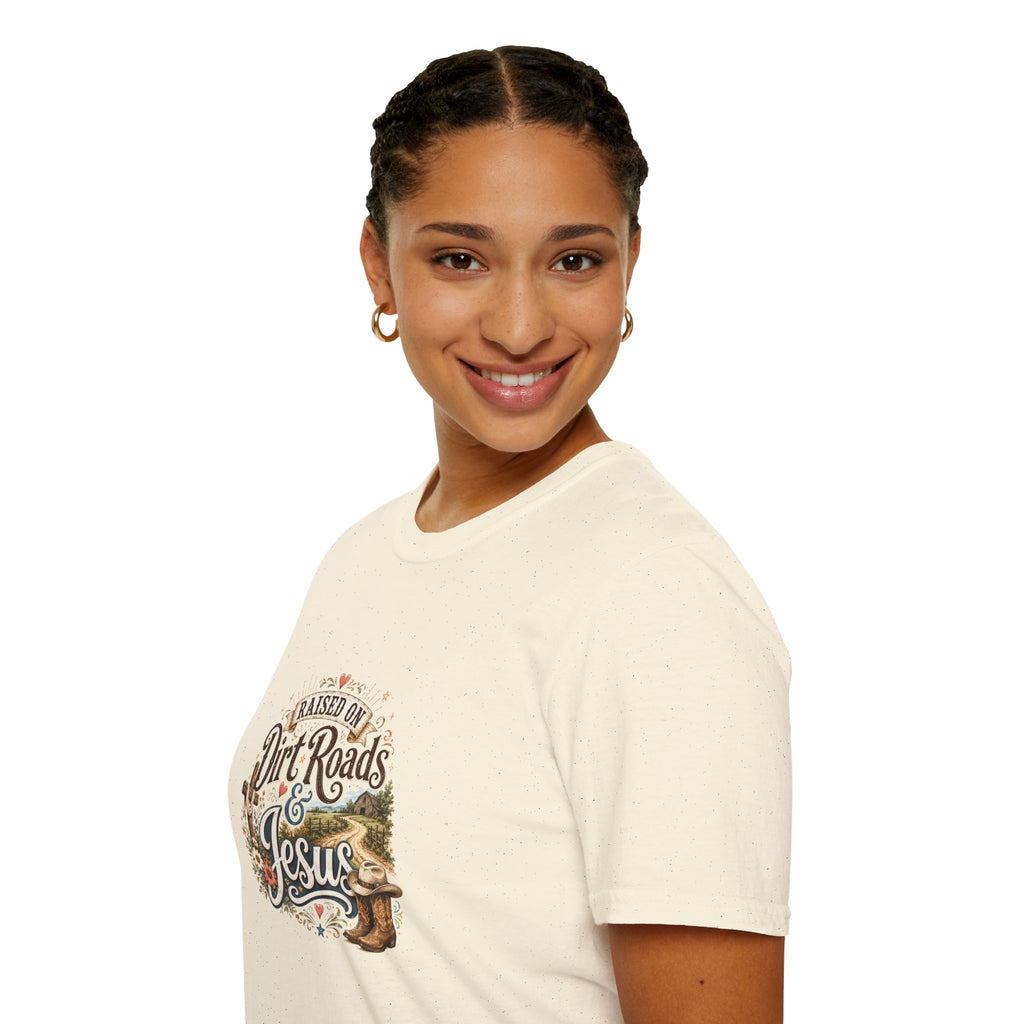 Raised on Dirt Roads & Jesus T-Shirt — Rustic Christian Gift for Women Faith Tee