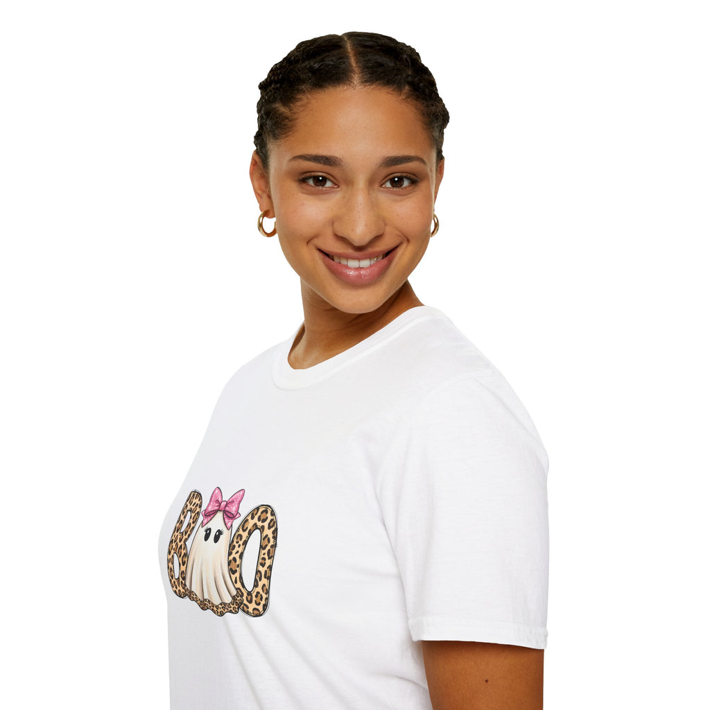 Boo Leopard Ghost T-Shirt — Cute Pink Bow Halloween Gift for Women Graphic Tee