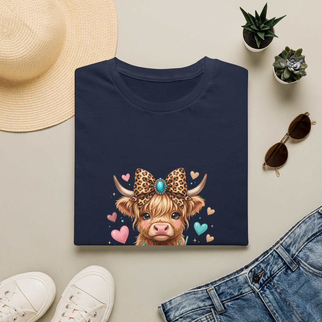 Highland Cow Leopard Bow T-Shirt — Cute Funny Gift for Her Hearts Graphic Tee