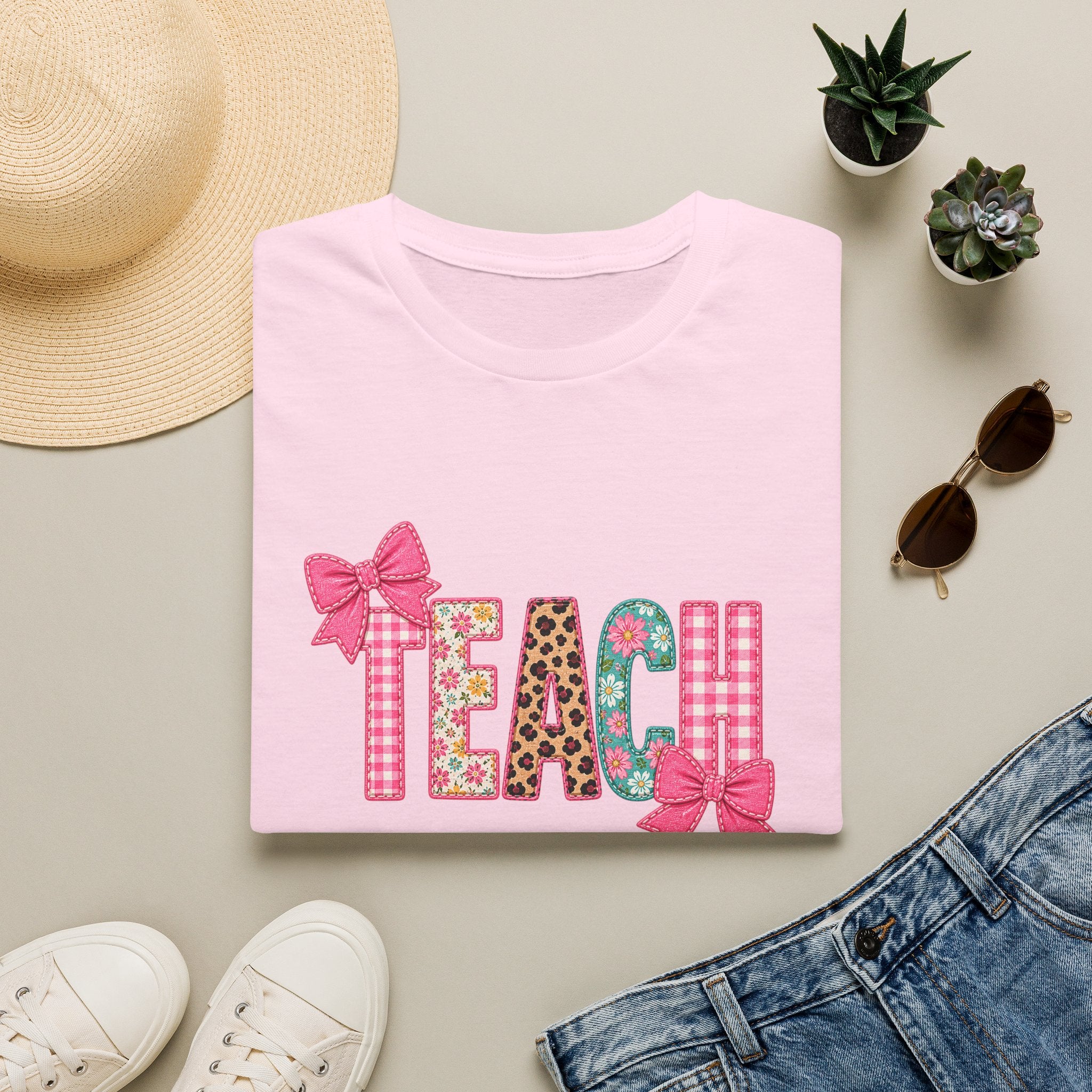 Floral Leopard TEACH T-Shirt — Cute Back-to-School Gift for Teachers Pink Bow Tee