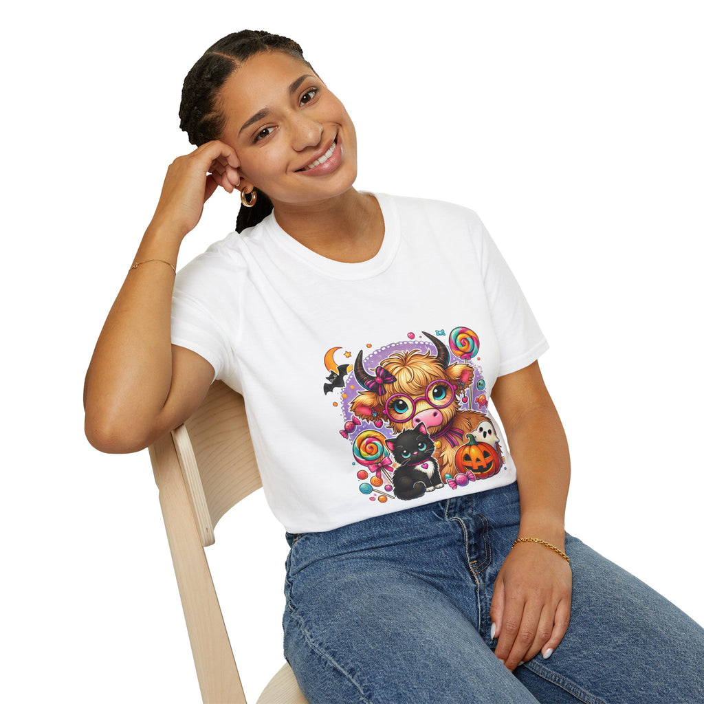 Cute Halloween Cow T-Shirt — Funny Gift for Her Candy Pumpkins & Kitty Costume Tee