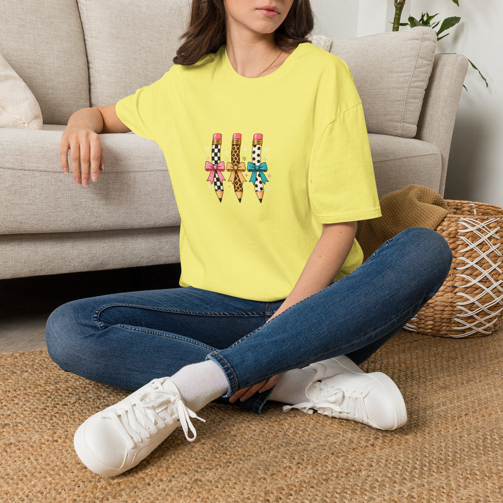 Pencil Trio Graphic T-Shirt — Cute Patterned Pencils with Bows