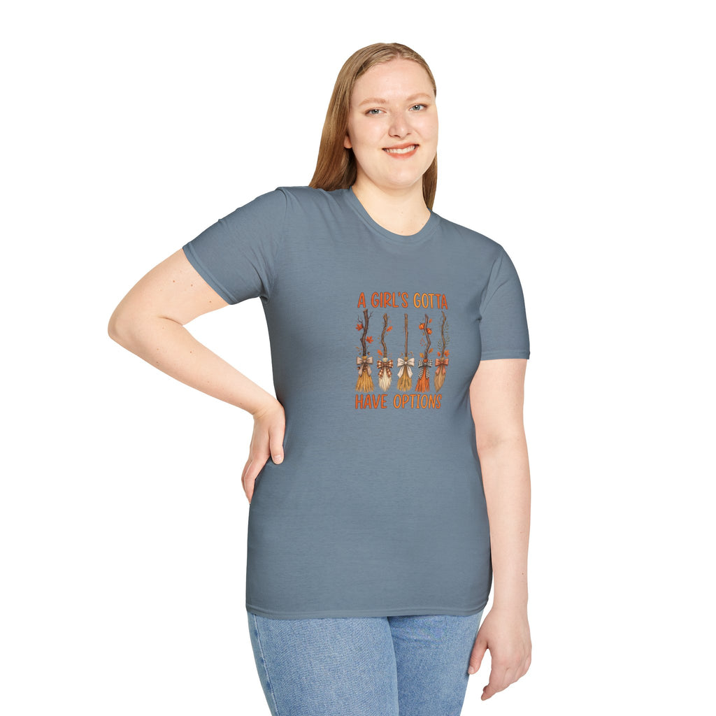 A Girl's Gotta Have Options Witch Brooms T-Shirt — Funny Halloween Gift for Women