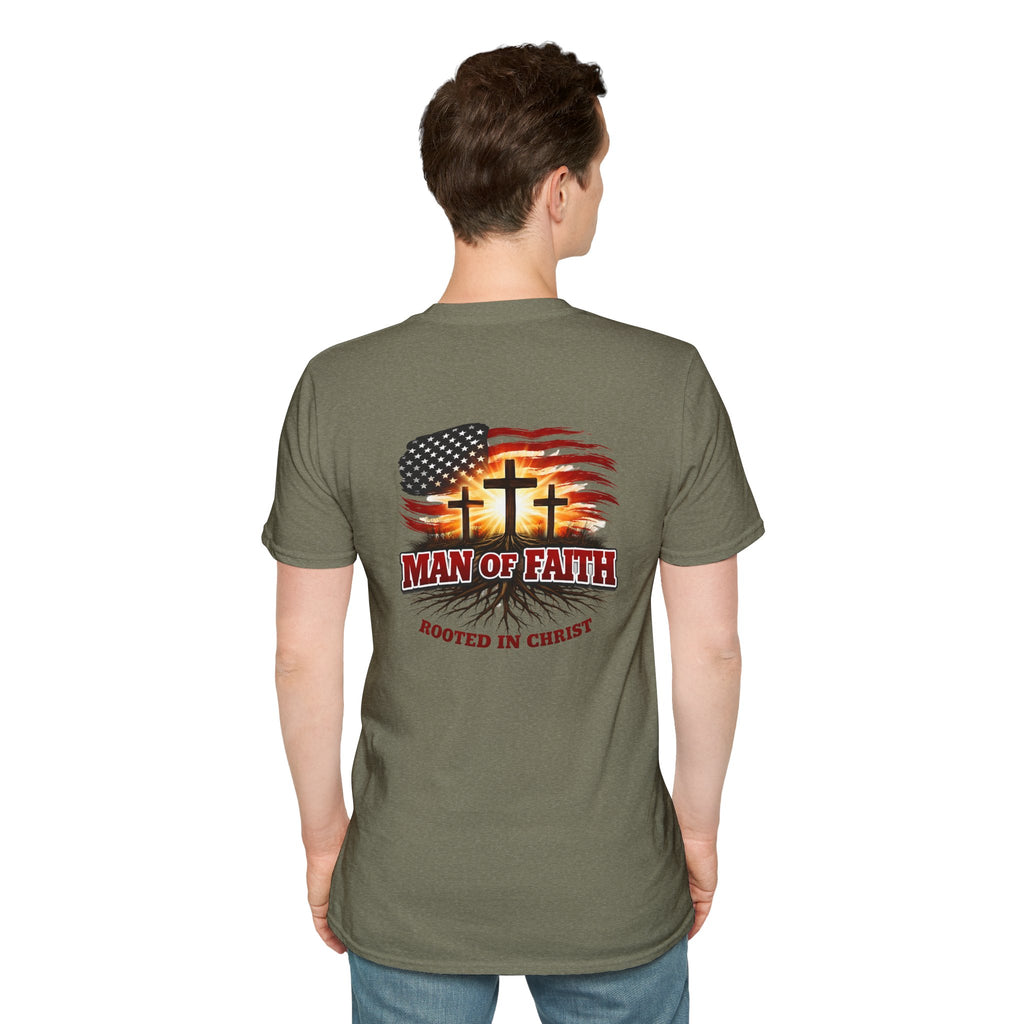 Man of Faith Rooted in Christ T-Shirt — Christian Gift for Him Flag & Cross Back Print Graphic Tee