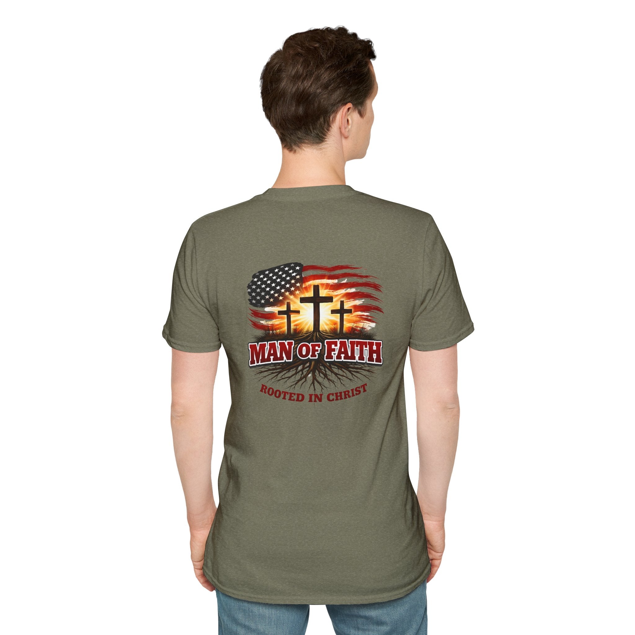 Man of Faith Rooted in Christ T-Shirt — Christian Gift for Him Flag & Cross Back Print Graphic Tee