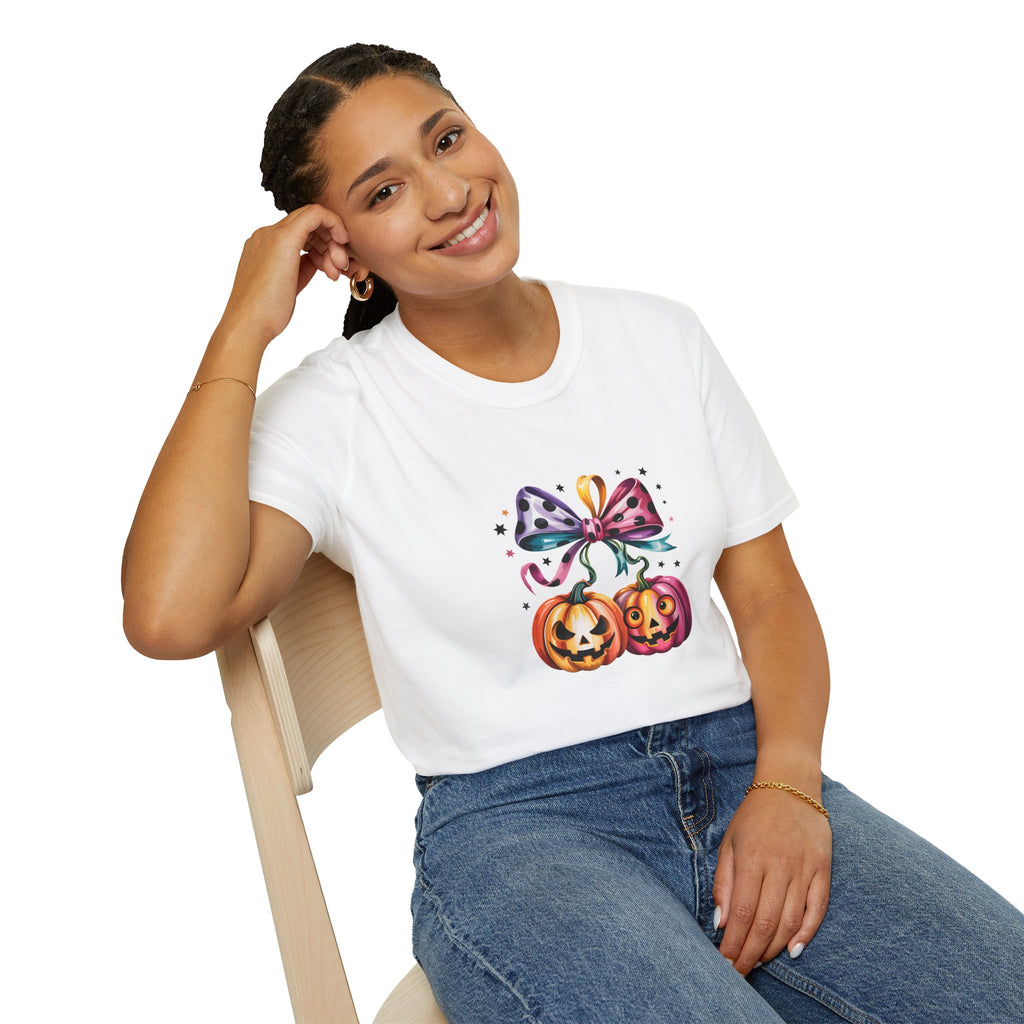 Halloween Pumpkin Bow T-Shirt — Cute Colorful Gift for Women Jack-O'-Lantern Tee
