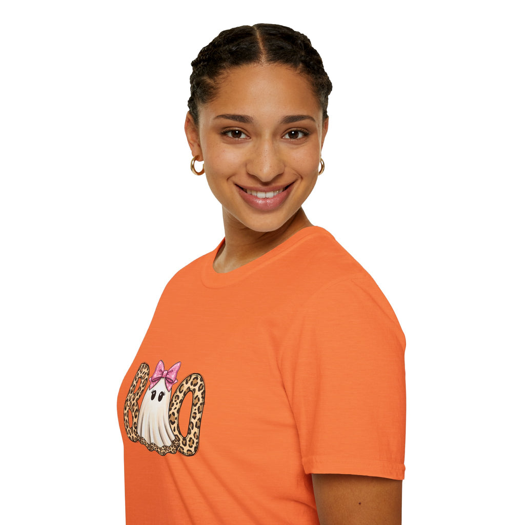 Boo Leopard Ghost T-Shirt — Cute Pink Bow Halloween Gift for Women Graphic Tee