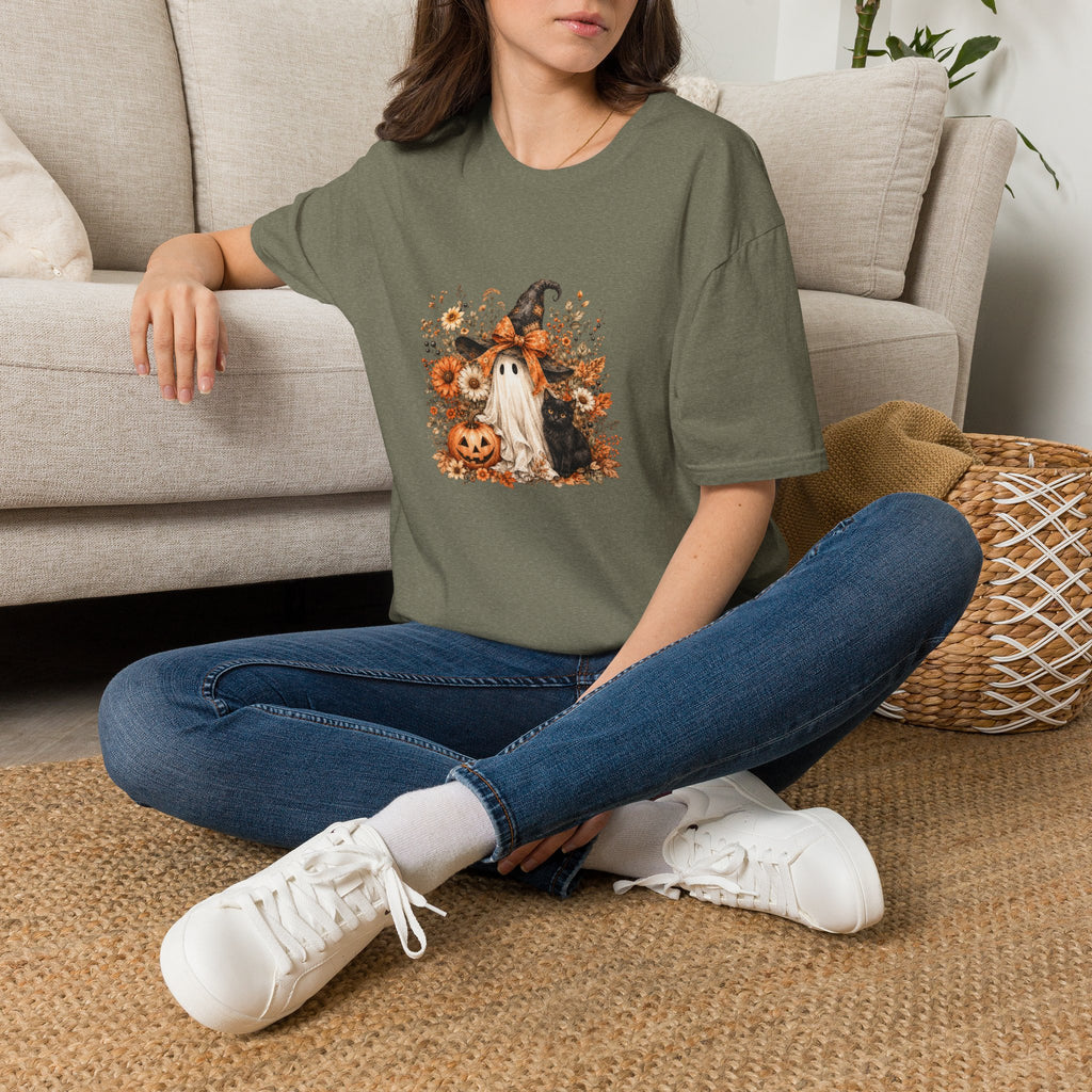Halloween Witch Ghost & Cat T-Shirt — Cute Spooky Gift for Women Fall Floral Tee