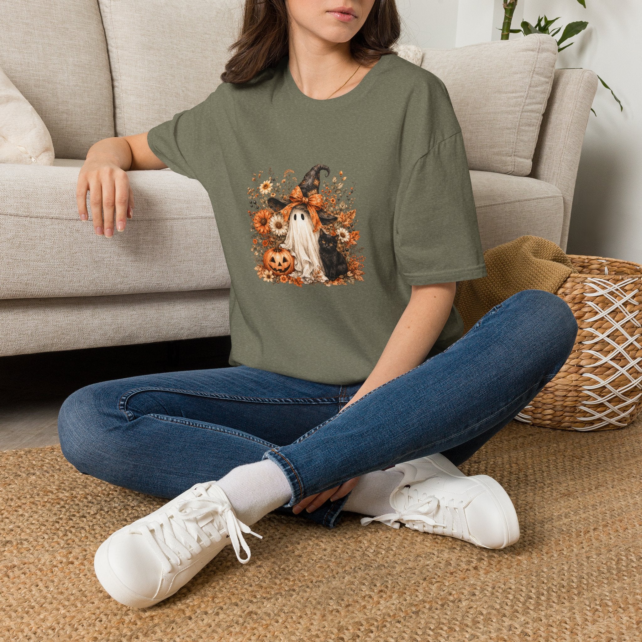 Halloween Witch Ghost & Cat T-Shirt — Cute Spooky Gift for Women Fall Floral Tee