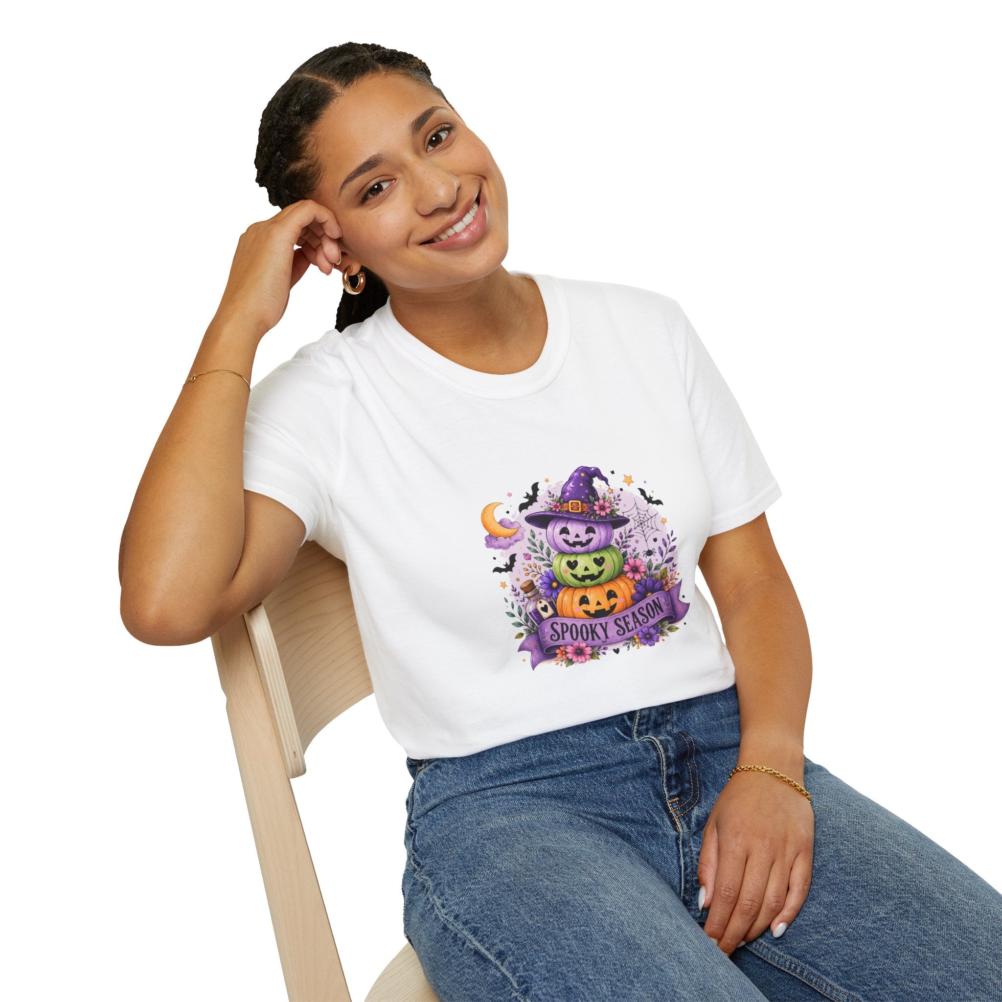 Spooky Season Pumpkin Stack T-Shirt — Cute Halloween Gift for Women Witch Hat Tee