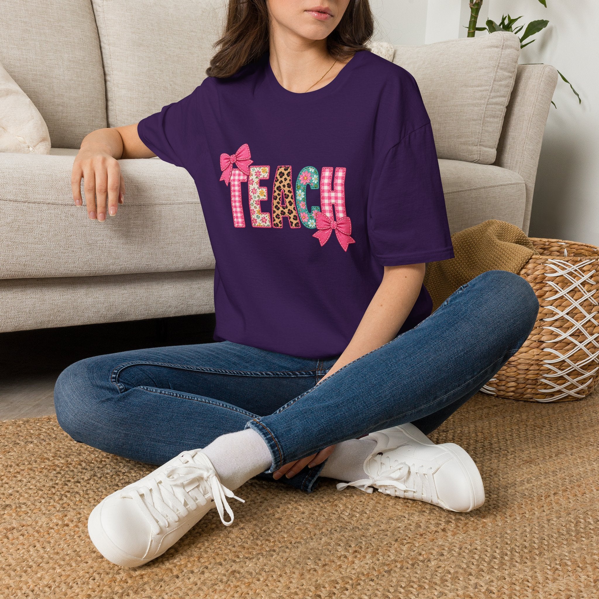 Floral Leopard TEACH T-Shirt — Cute Back-to-School Gift for Teachers Pink Bow Tee