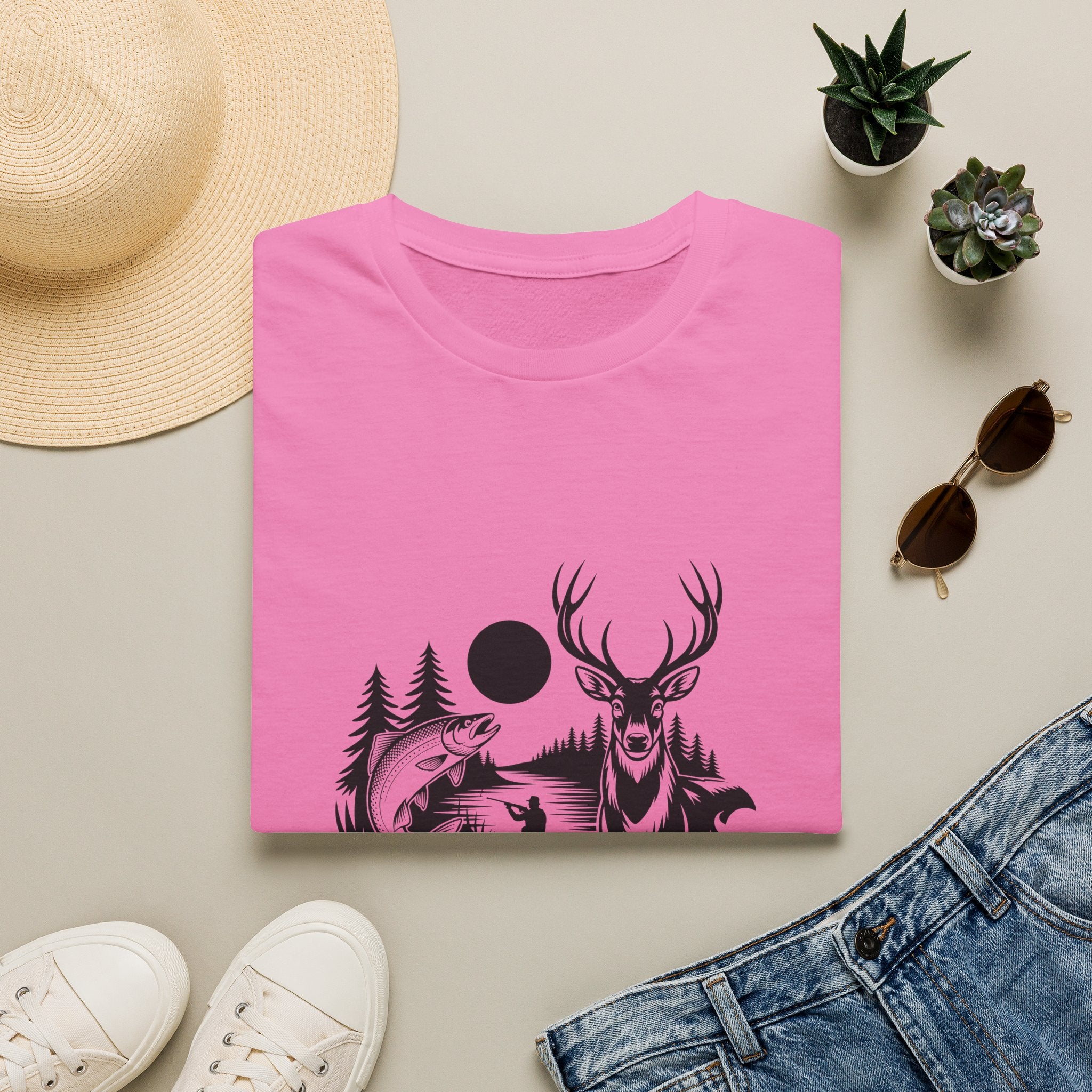 Deer & Fish Forest Silhouette T-Shirt — Rustic Outdoor Gift for Hunters Graphic Tee