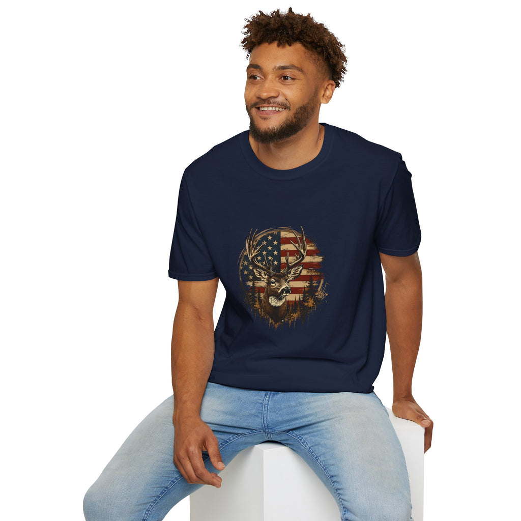 American Flag Deer T-Shirt — Patriotic Buck Gift for Hunters Men's Graphic Tee