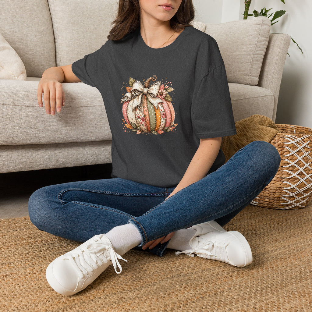 Autumn Floral Pumpkin Leopard Bow T-Shirt — Cute Fall Gift for Women Graphic Tee