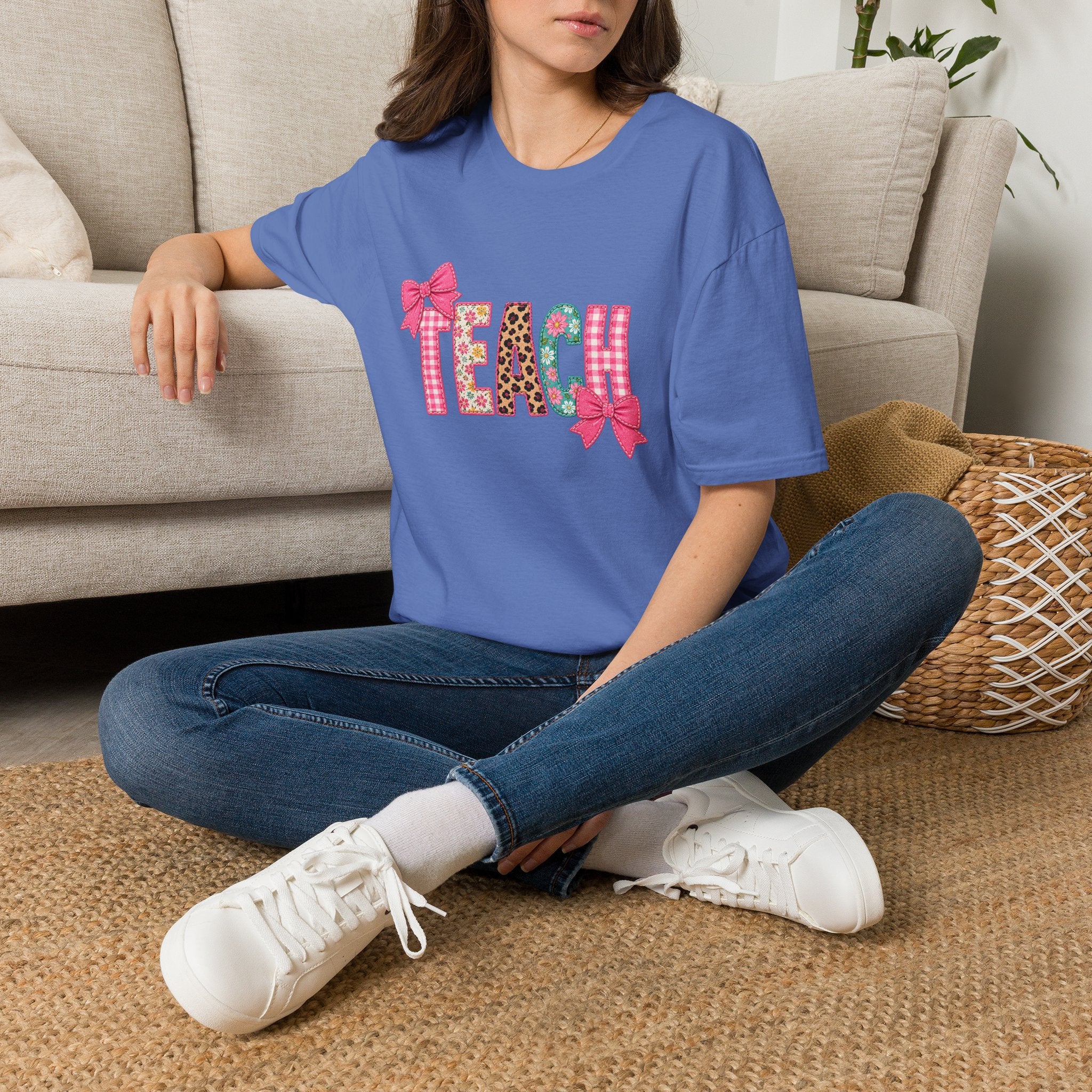 Floral Leopard TEACH T-Shirt — Cute Back-to-School Gift for Teachers Pink Bow Tee