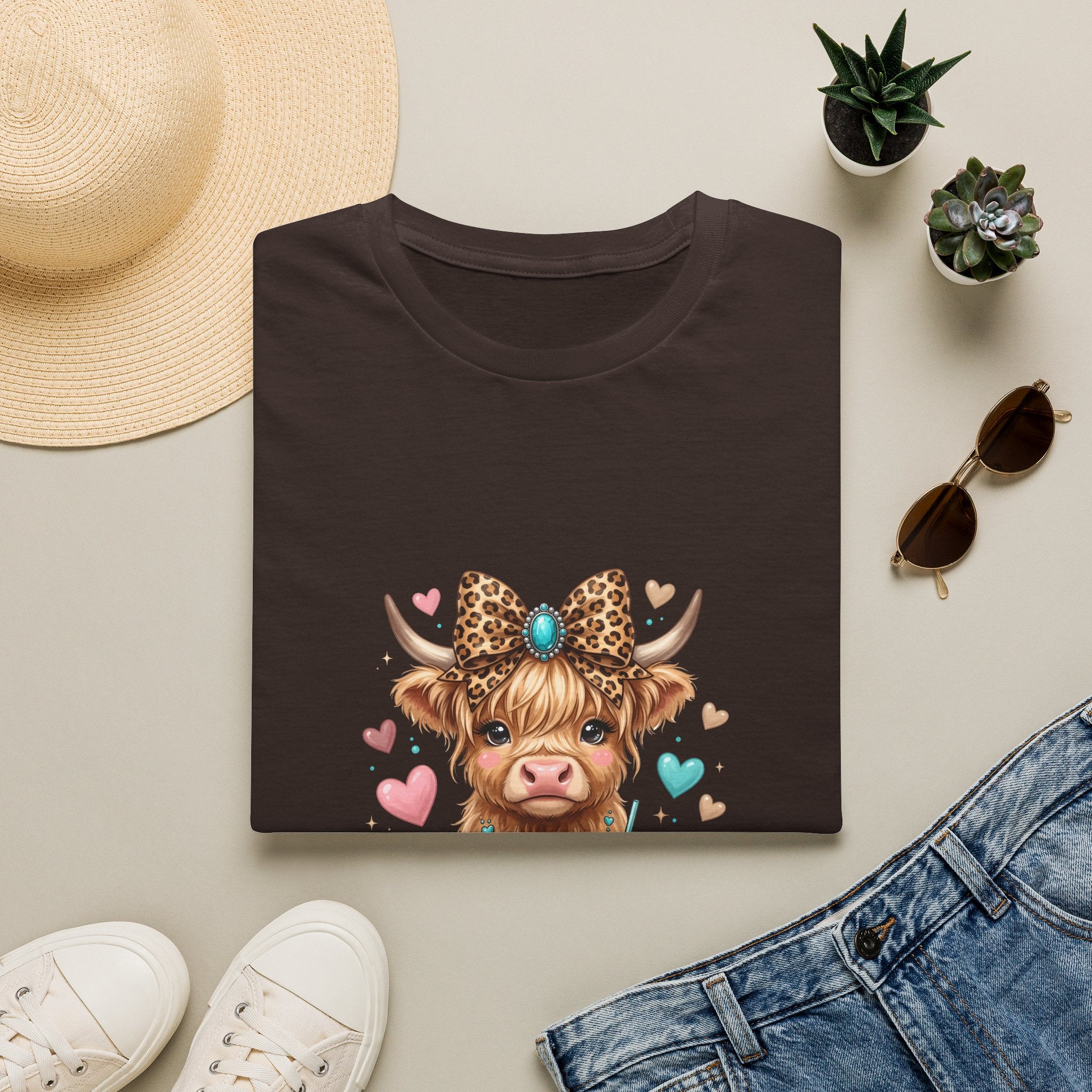 Highland Cow Leopard Bow T-Shirt — Cute Funny Gift for Her Hearts Graphic Tee