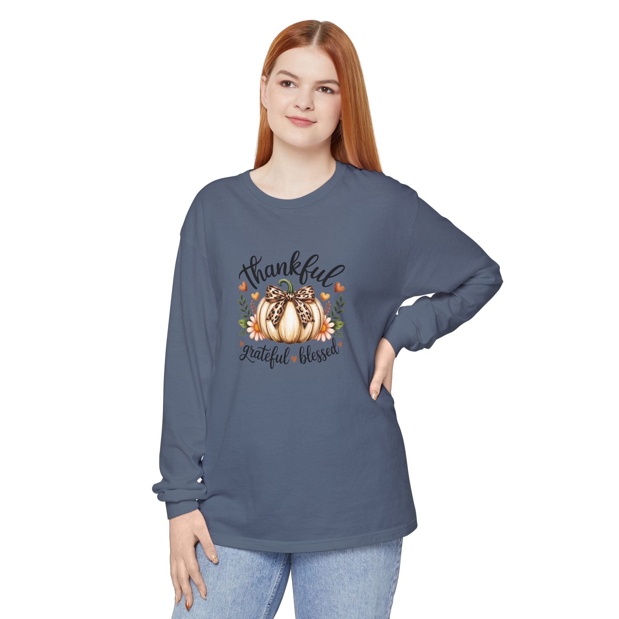 Thankful Grateful Blessed Pumpkin Long Sleeve — Cute Fall Thanksgiving Gift for Women