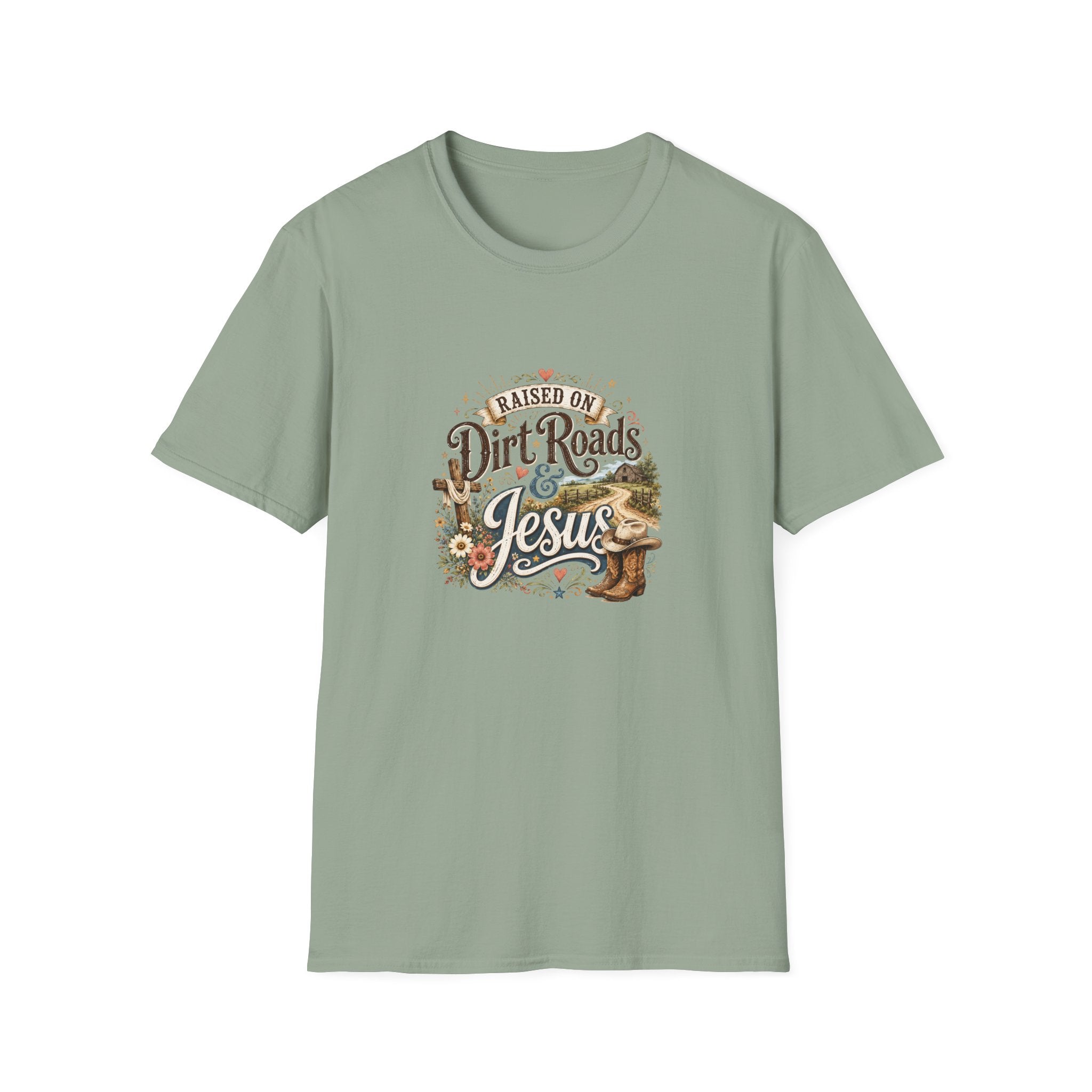 Raised on Dirt Roads & Jesus T-Shirt — Rustic Christian Gift for Women Faith Tee