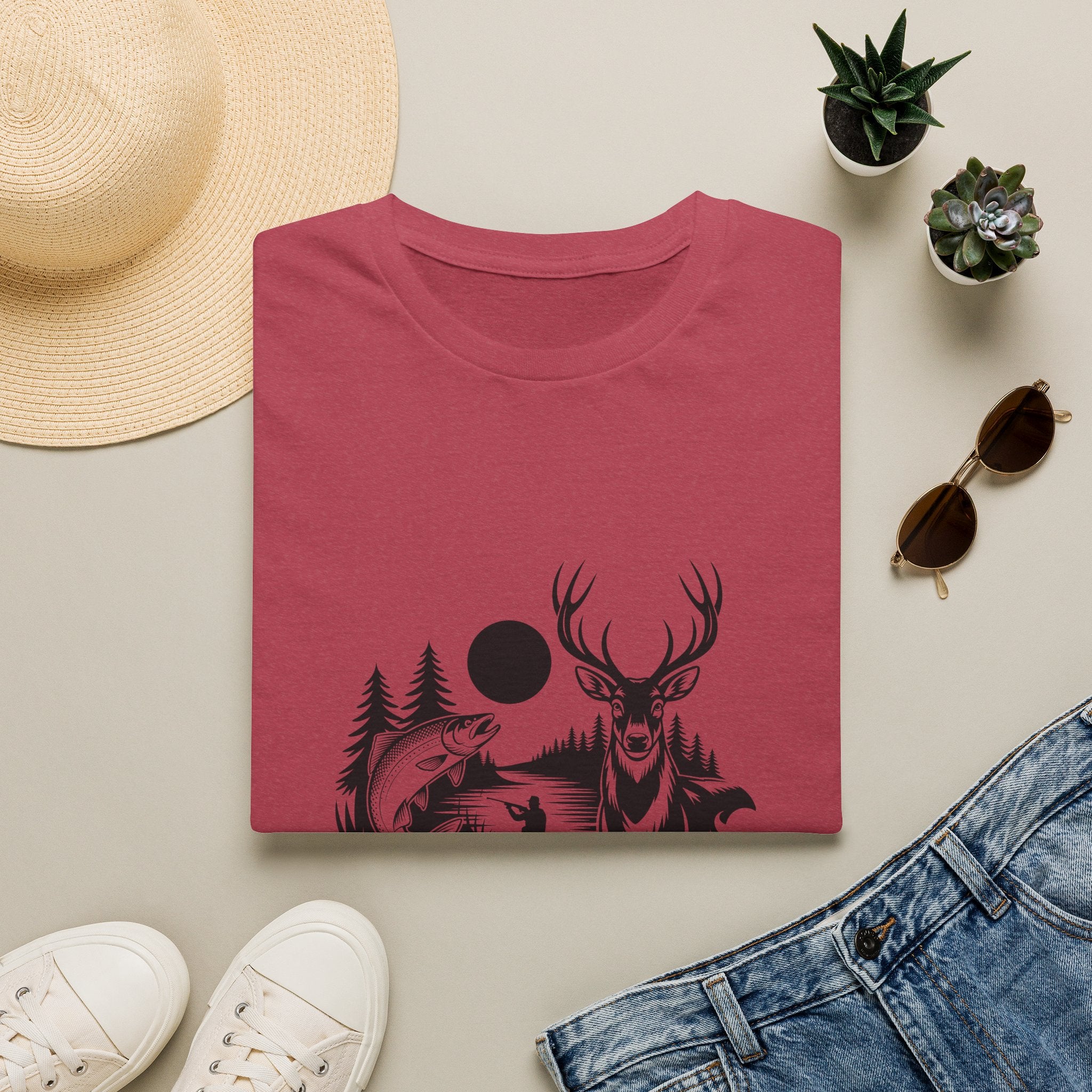 Deer & Fish Forest Silhouette T-Shirt — Rustic Outdoor Gift for Hunters Graphic Tee