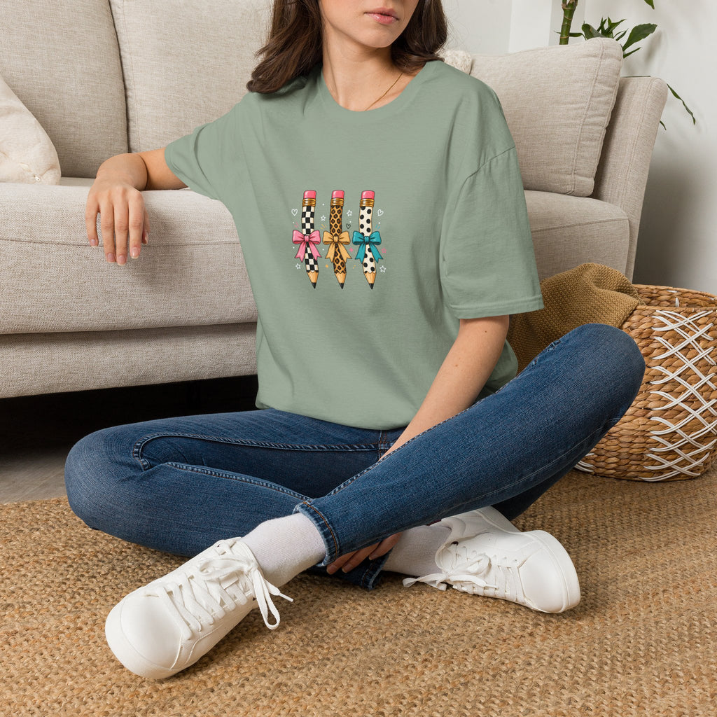 Pencil Trio Graphic T-Shirt — Cute Patterned Pencils with Bows