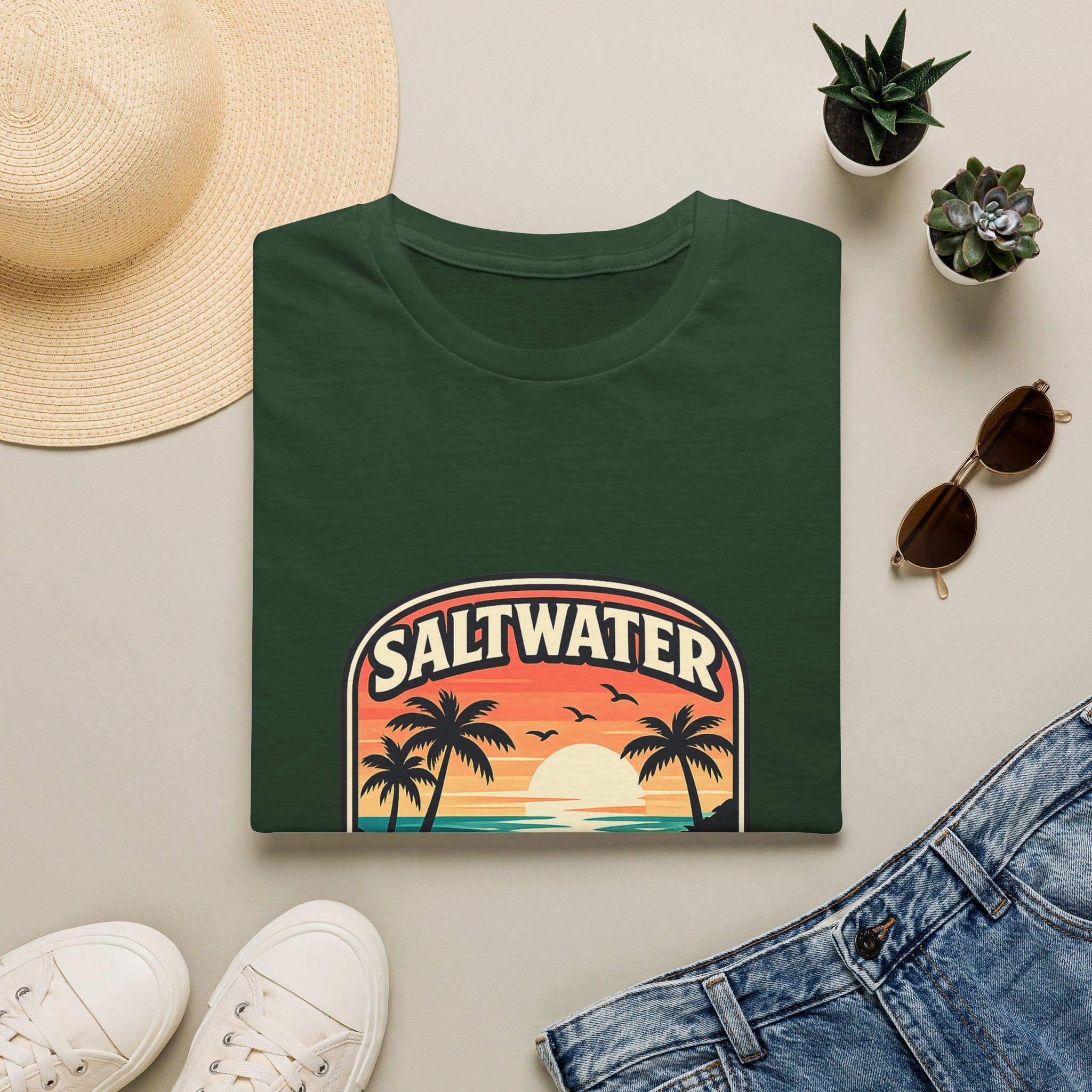 Saltwater Soul Retro Beach T-Shirt — Cute Coastal Gift for Women Sunset Palm Tee