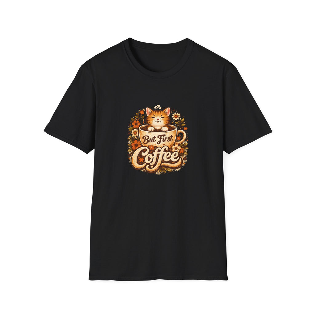 But First Coffee Cat T-Shirt — Cute Floral Gift for Coffee Lovers Women's Tee