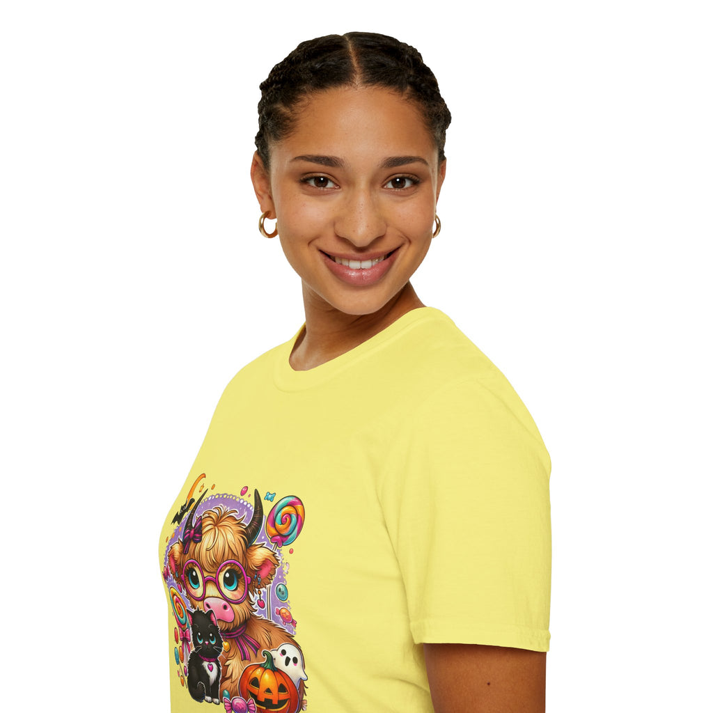 Cute Halloween Cow T-Shirt — Funny Gift for Her Candy Pumpkins & Kitty Costume Tee