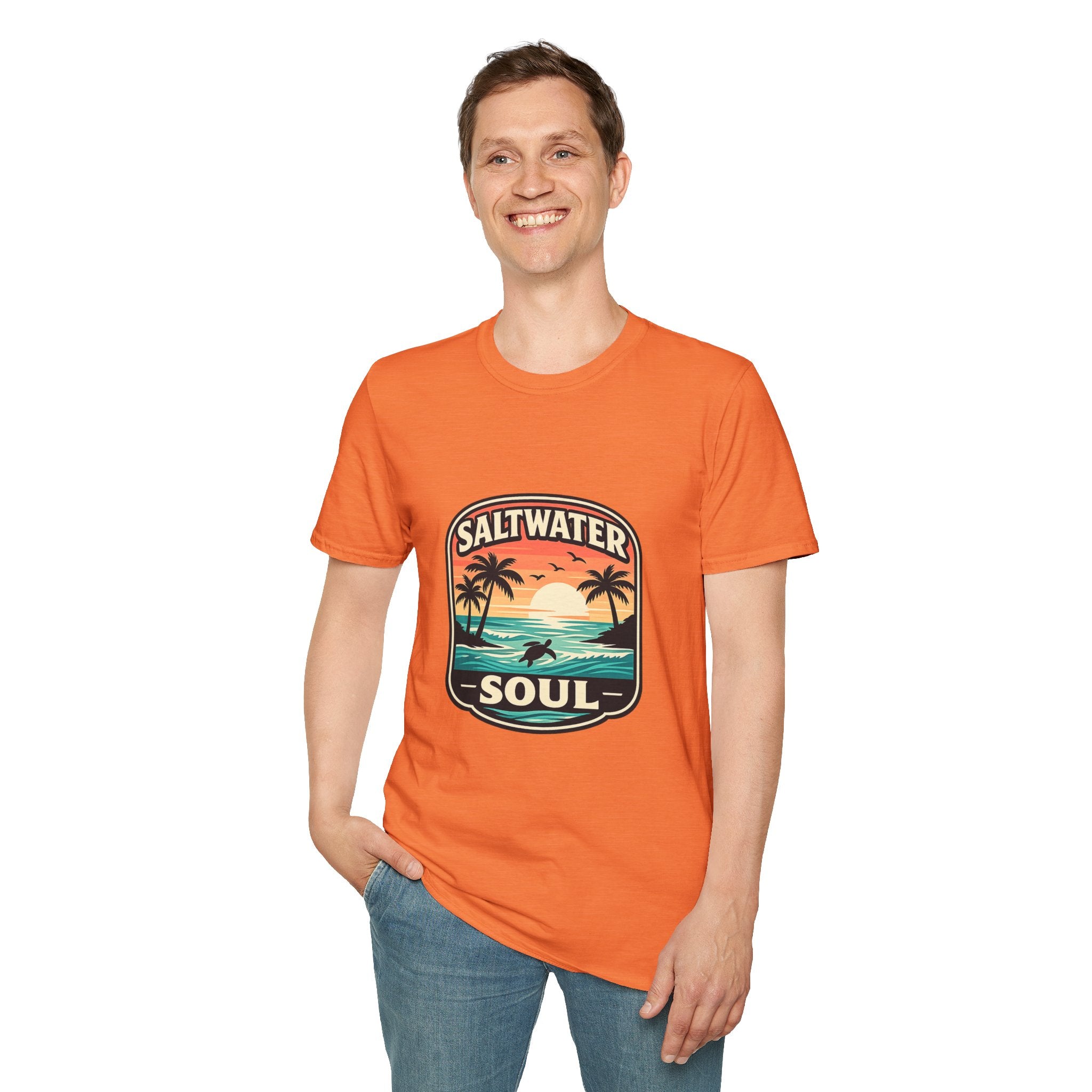 Saltwater Soul Retro Beach T-Shirt — Cute Coastal Gift for Women Sunset Palm Tee