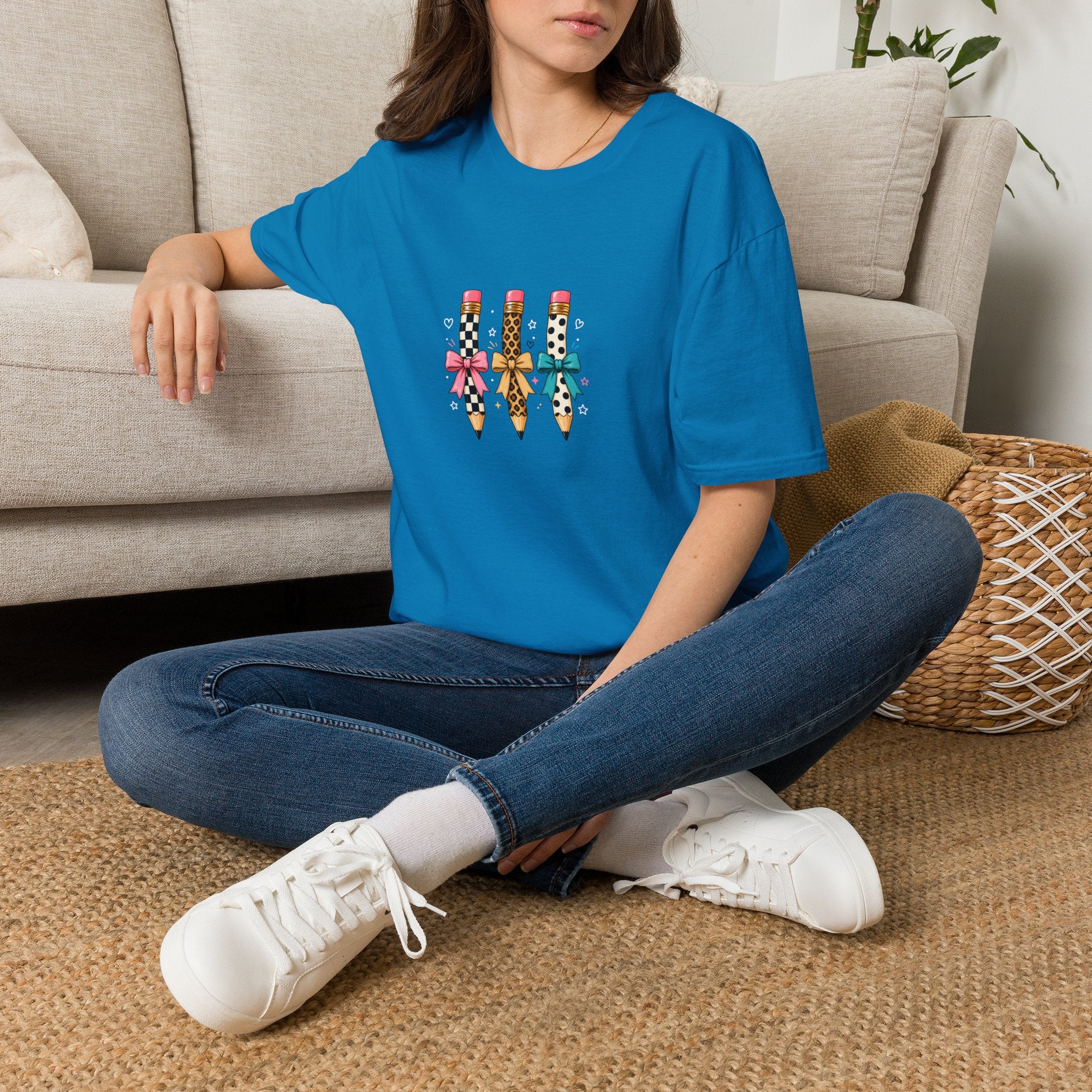 Pencil Trio Graphic T-Shirt — Cute Patterned Pencils with Bows