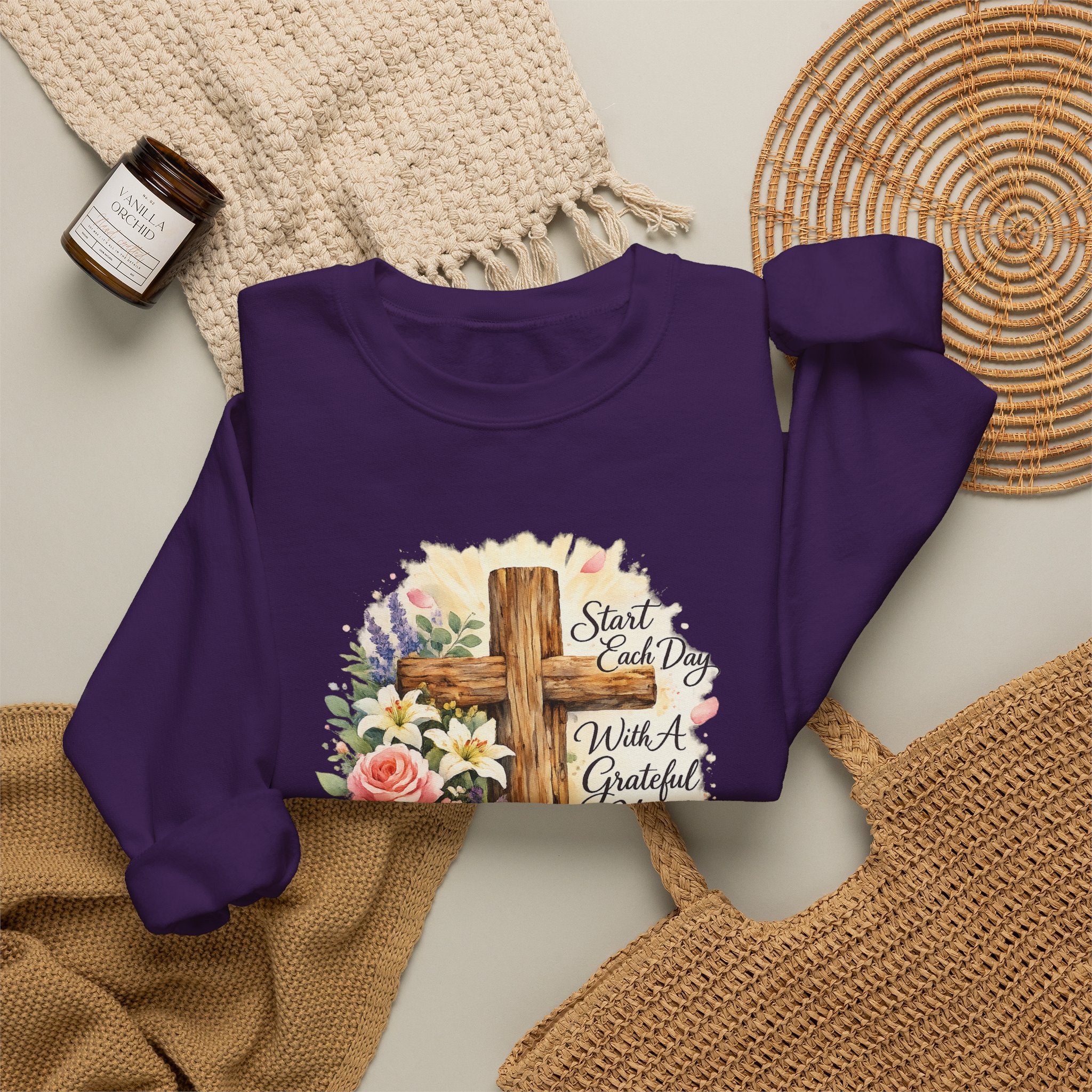 Christian Crewneck Sweatshirt — "Start Each Day with a Grateful Heart" Floral Cross
