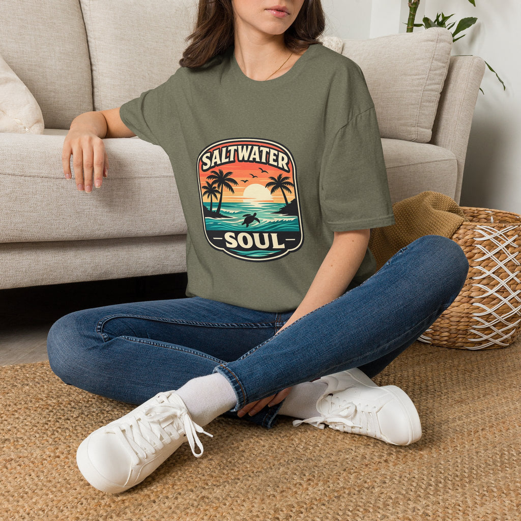 Saltwater Soul Retro Beach T-Shirt — Cute Coastal Gift for Women Sunset Palm Tee