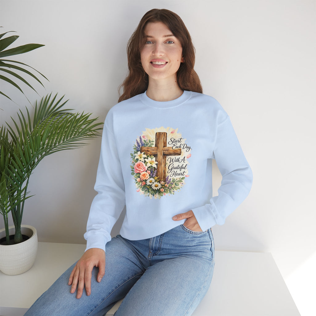 Christian Crewneck Sweatshirt — "Start Each Day with a Grateful Heart" Floral Cross