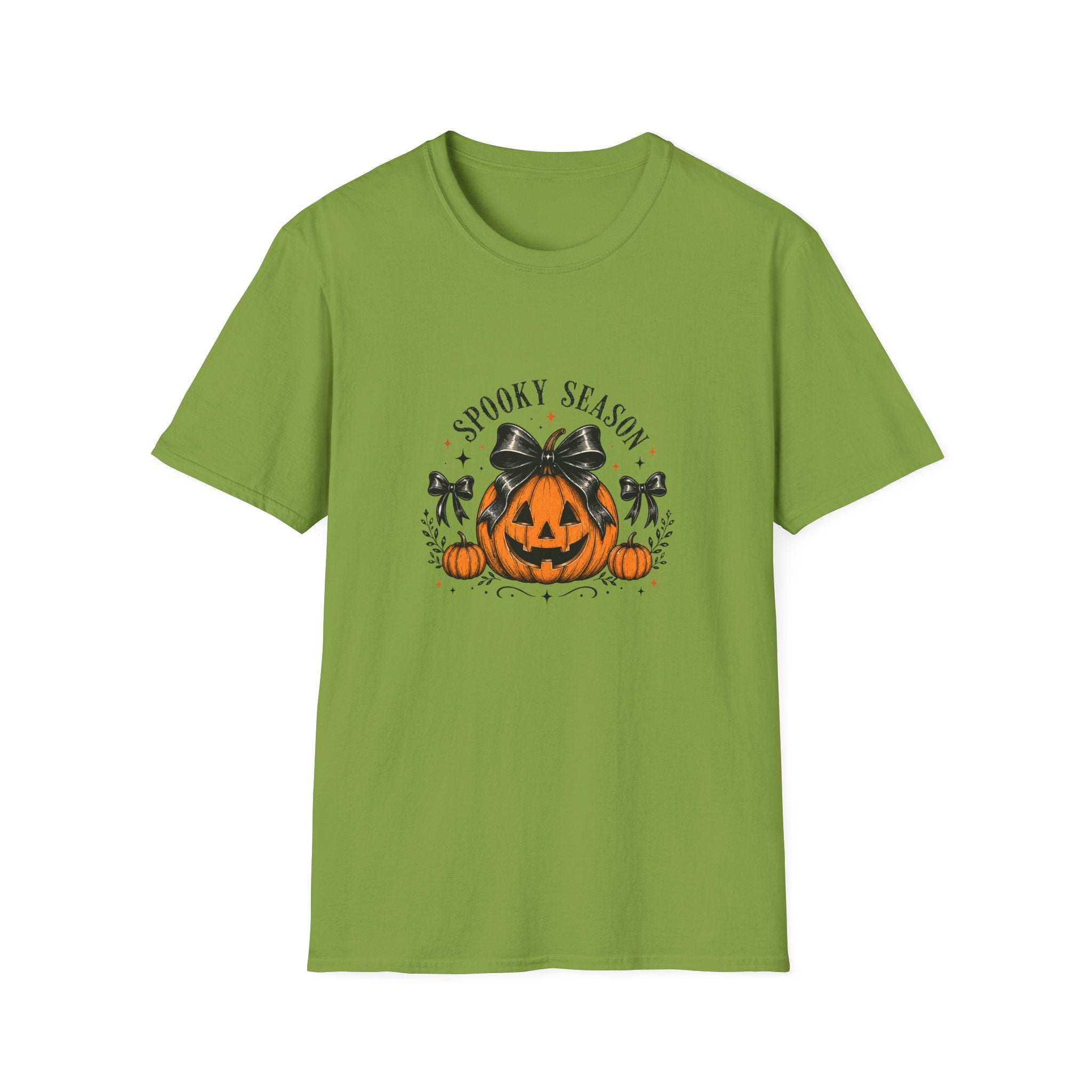 Spooky Season Jack-O'-Lantern Bow T-Shirt — Cute Halloween Gift for Women Graphic Tee