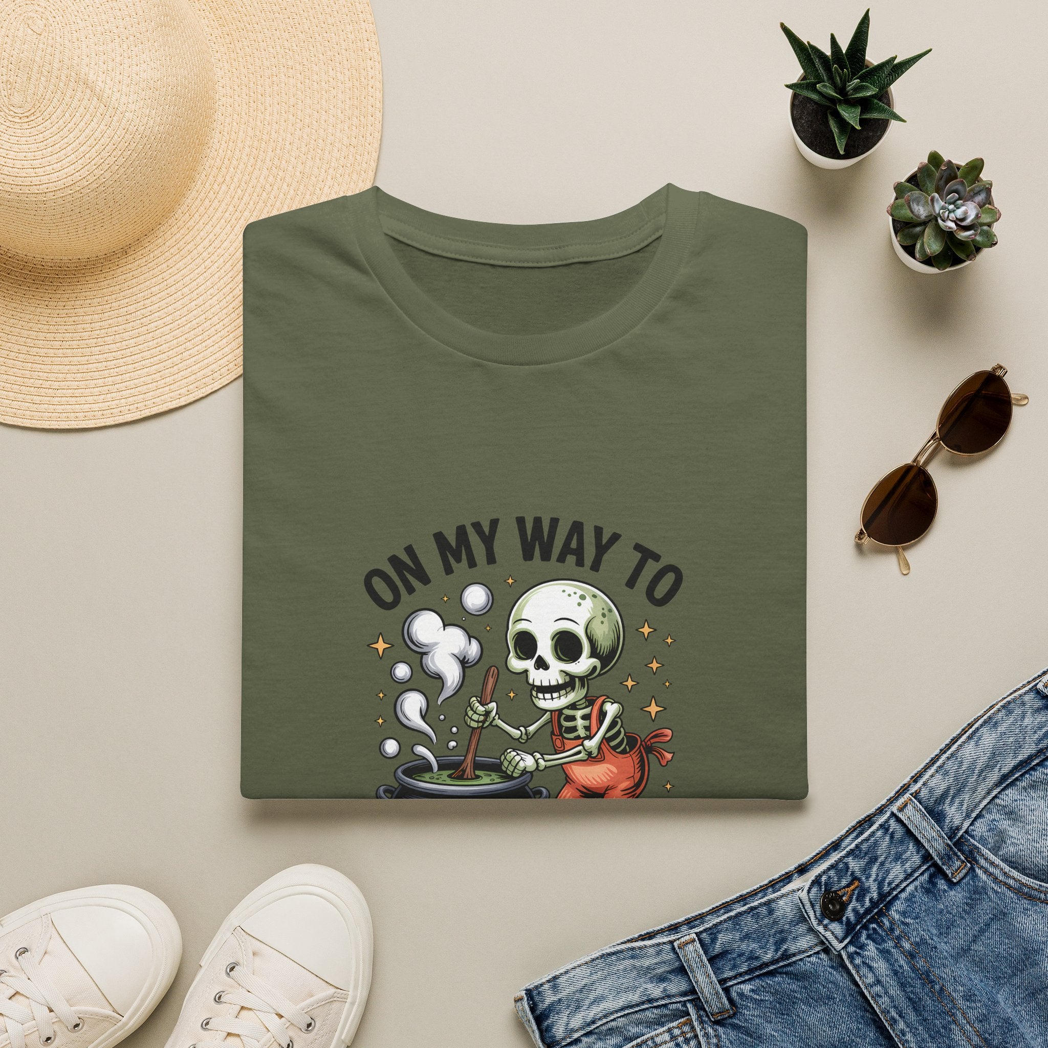 On My Way to Stir the Pot Skeleton T-Shirt — Funny Halloween Gift for Women