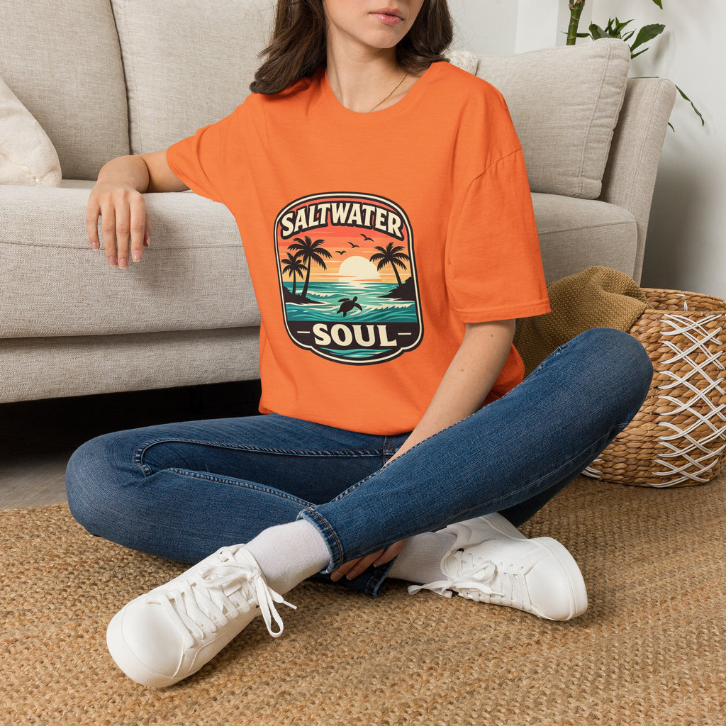 Saltwater Soul Retro Beach T-Shirt — Cute Coastal Gift for Women Sunset Palm Tee