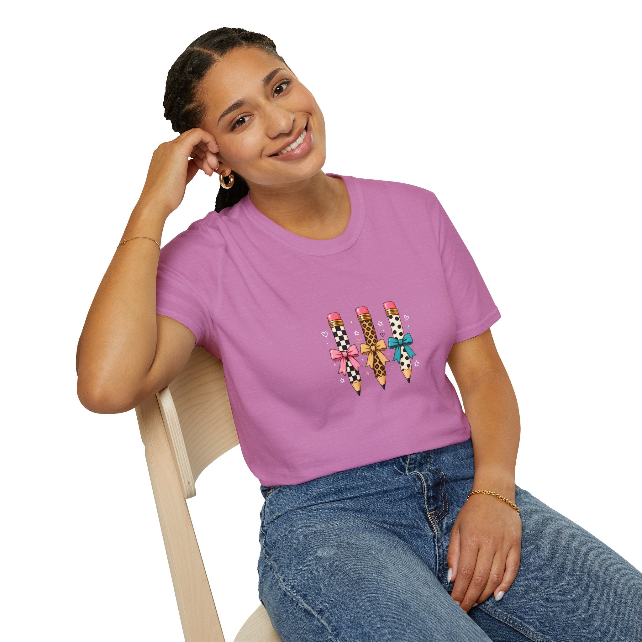 Pencil Trio Graphic T-Shirt — Cute Patterned Pencils with Bows