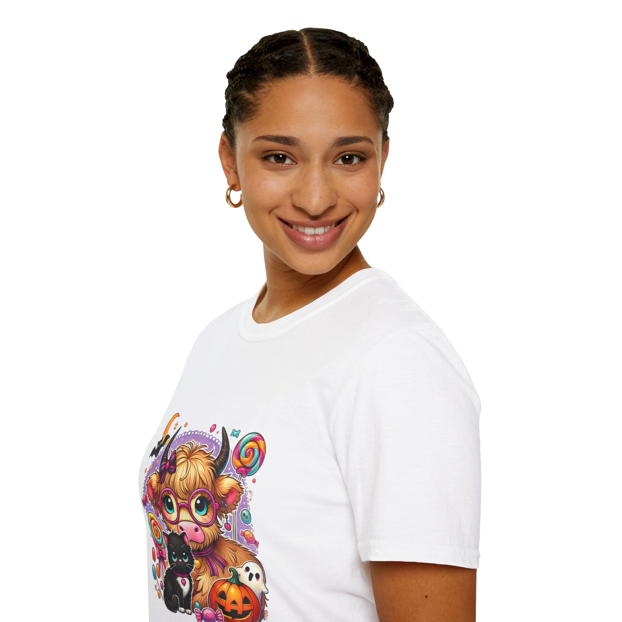Cute Halloween Cow T-Shirt — Funny Gift for Her Candy Pumpkins & Kitty Costume Tee