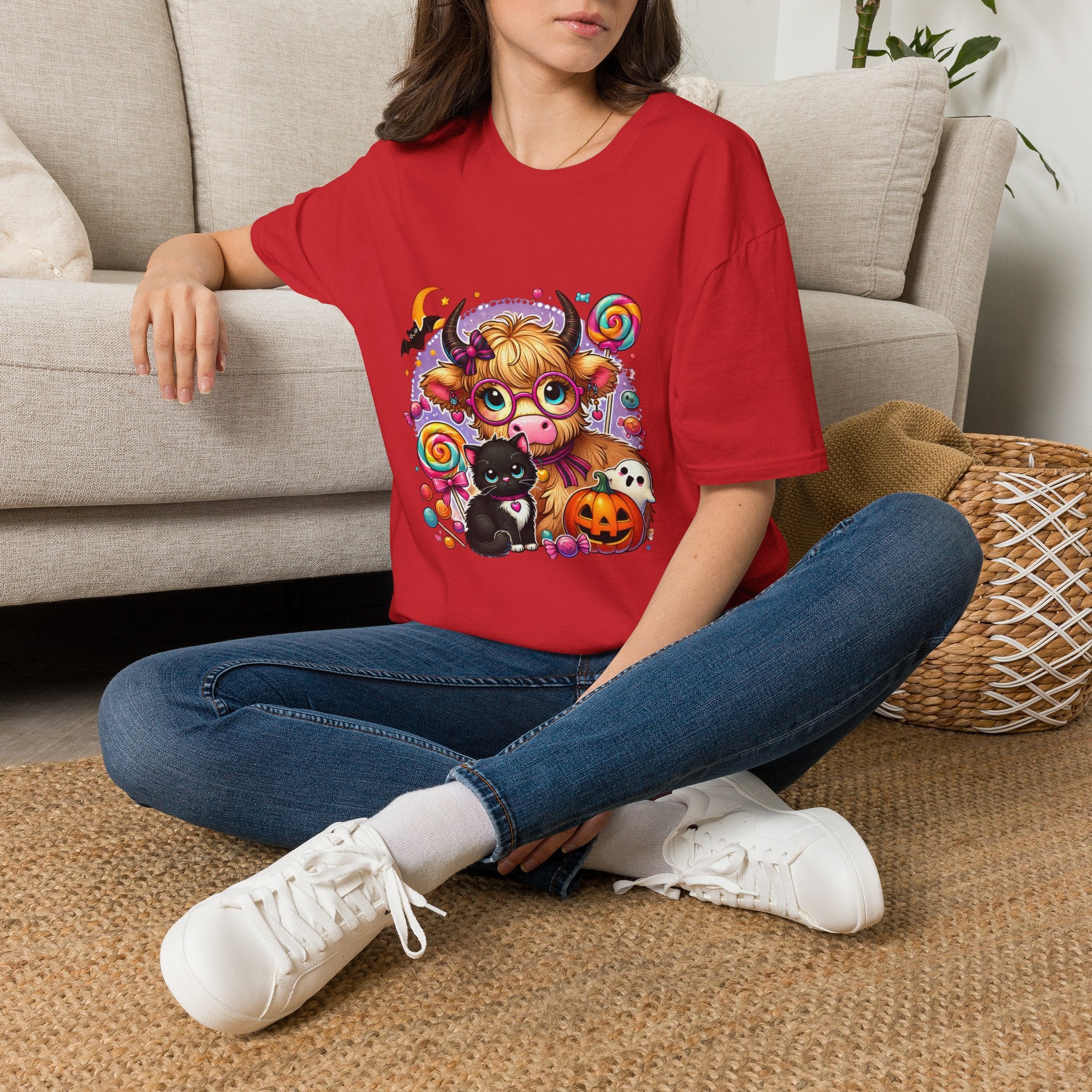 Cute Halloween Cow T-Shirt — Funny Gift for Her Candy Pumpkins & Kitty Costume Tee