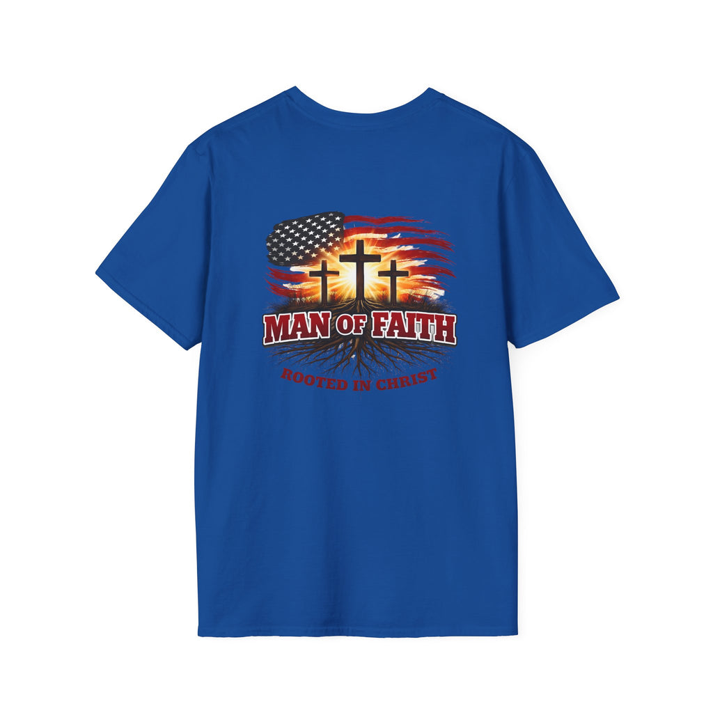 Man of Faith Rooted in Christ T-Shirt — Christian Gift for Him Flag & Cross Back Print Graphic Tee
