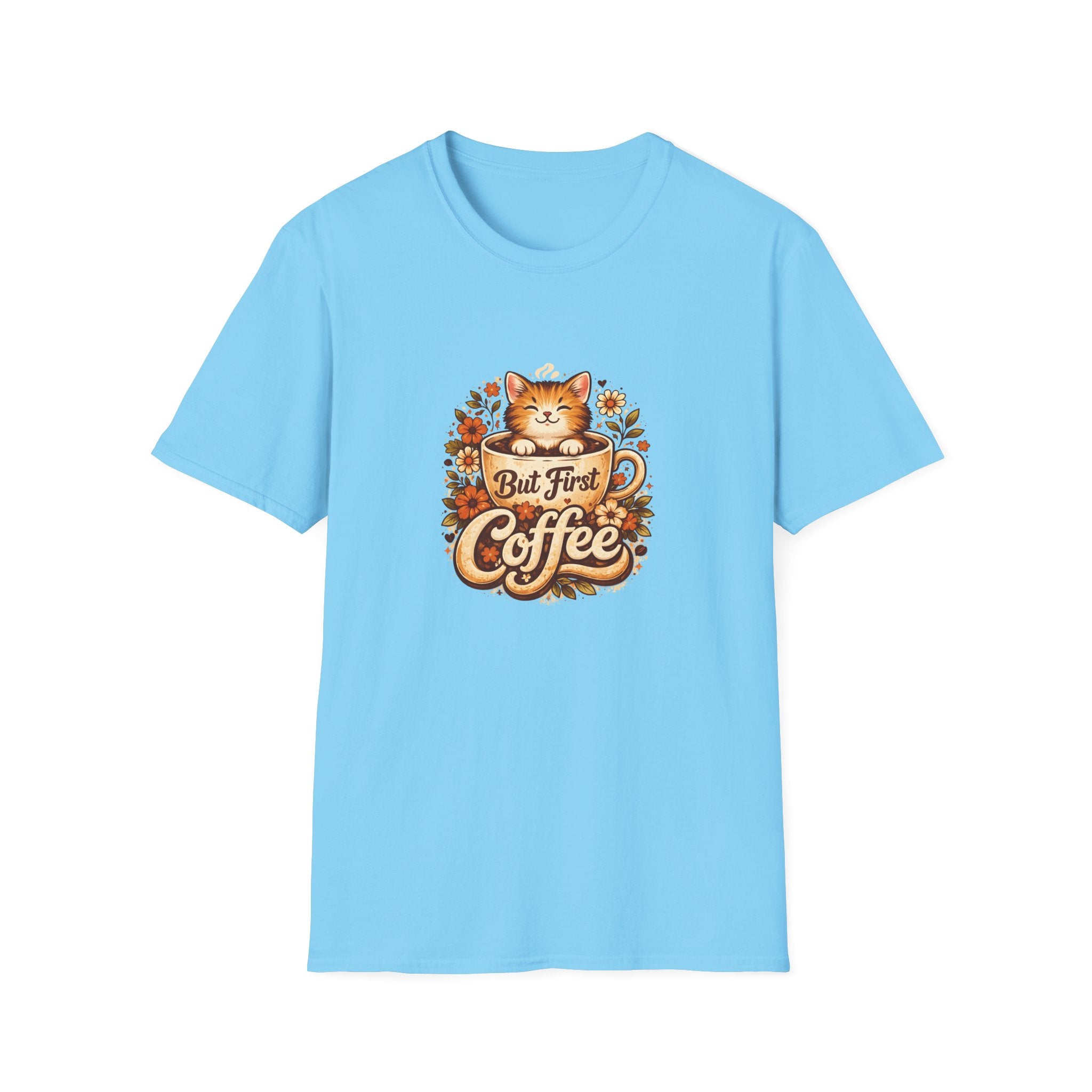 But First Coffee Cat T-Shirt — Cute Floral Gift for Coffee Lovers Women's Tee