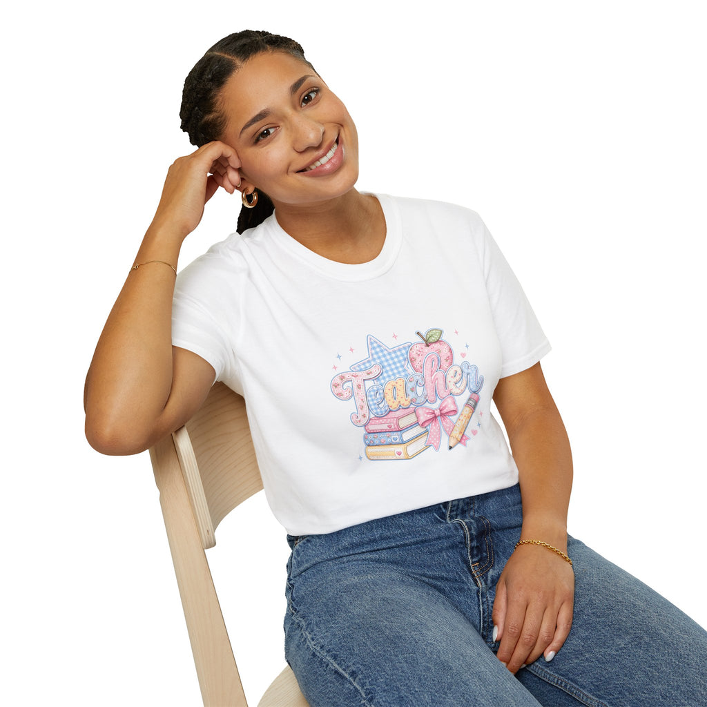 Cute Pastel Apple & Books Teacher T-Shirt — Funny Back-to-School Gift Graphic Tee