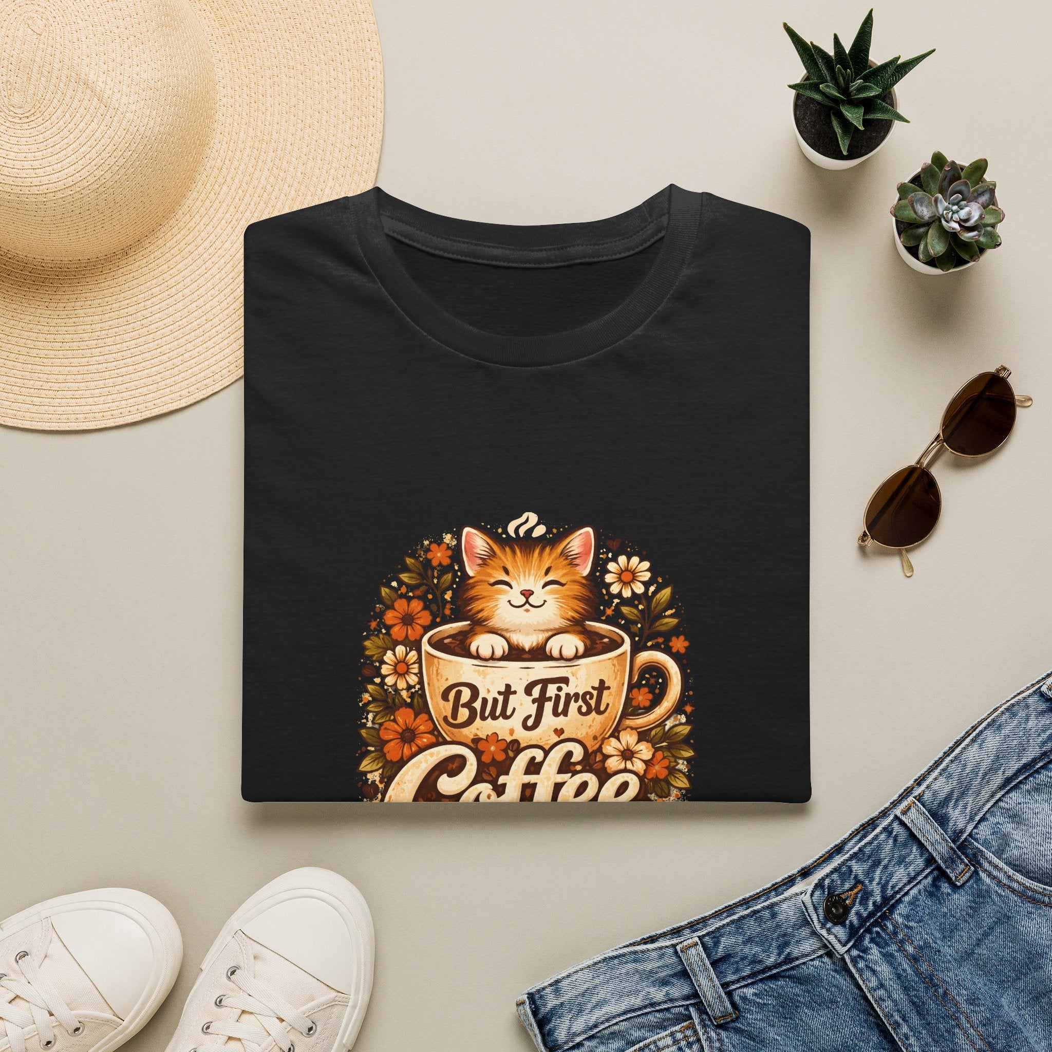 But First Coffee Cat T-Shirt — Cute Floral Gift for Coffee Lovers Women's Tee