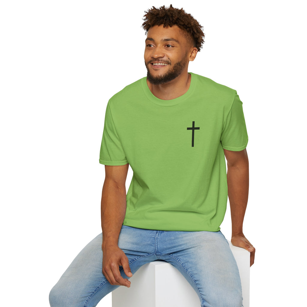 Man of Faith Rooted in Christ T-Shirt — Christian Gift for Him Flag & Cross Back Print Graphic Tee