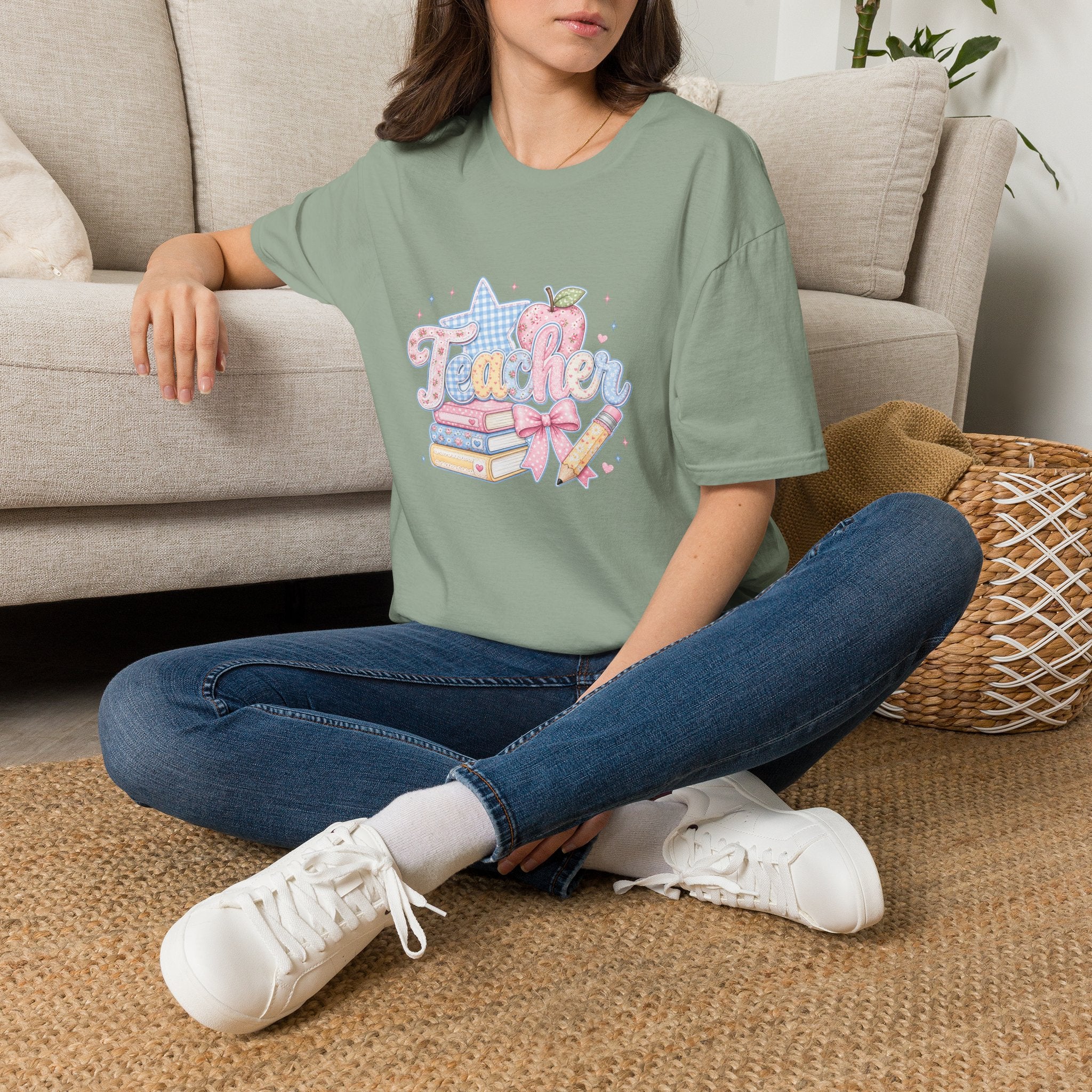 Cute Pastel Apple & Books Teacher T-Shirt — Funny Back-to-School Gift Graphic Tee