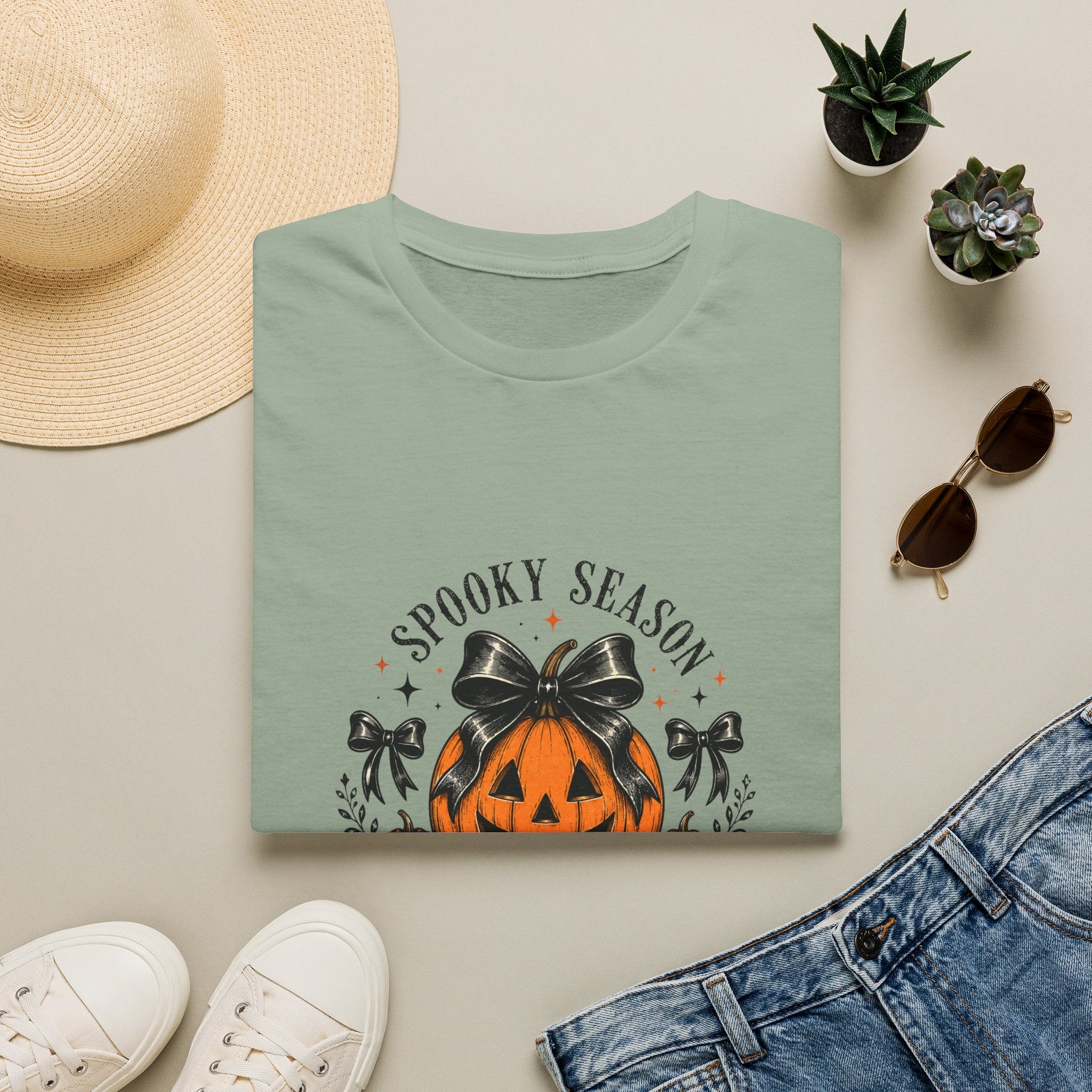 Spooky Season Jack-O'-Lantern Bow T-Shirt — Cute Halloween Gift for Women Graphic Tee